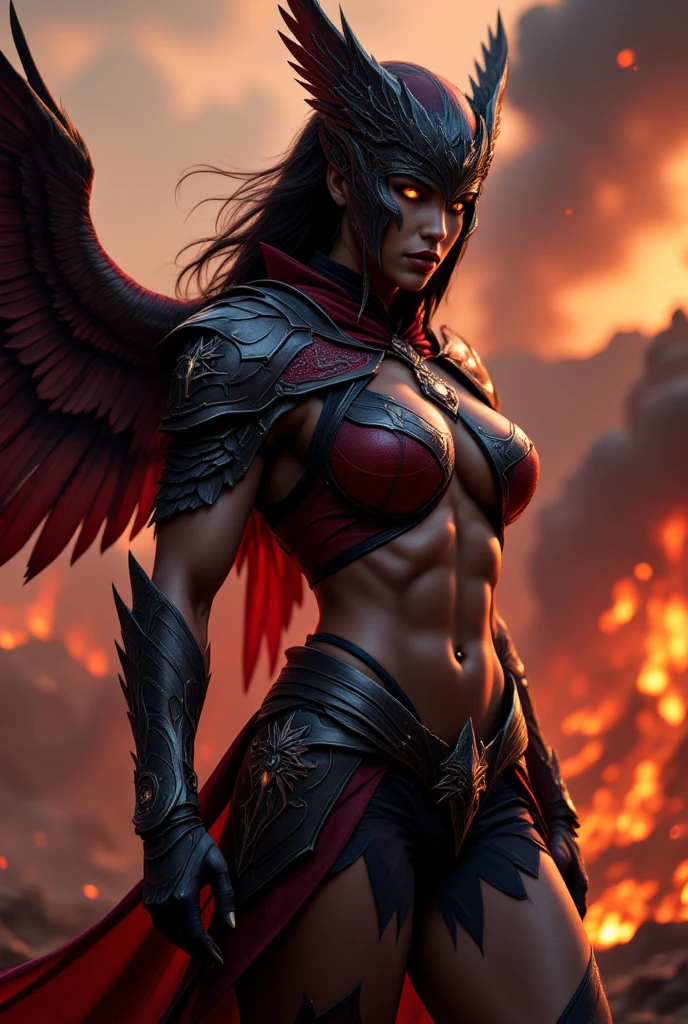 ((Female Fallen Angel  sexy)), with ((burning wings of fire)), descending from a ((sky of soft, billowing clouds)) and a ((dark burning cityscape at night)). Her ((strong physique)) and ((glowing eyes)) reveal her nature as a ((heavenly warrior)), and her ((mixed-race features)) add an aura of mystery and beauty. Her ((short military haircut)) denotes her determination in her epic battles. It is a scene both ((majestic)) and ((supernatural)), combining elements of ((fantasy)) with an epic touch. The image is filled with ((vibrant colors)) that contrast with the ((dark tones)) of the burning city and the soft clouds in the sky, evoking a sense of power and transcendental strength.