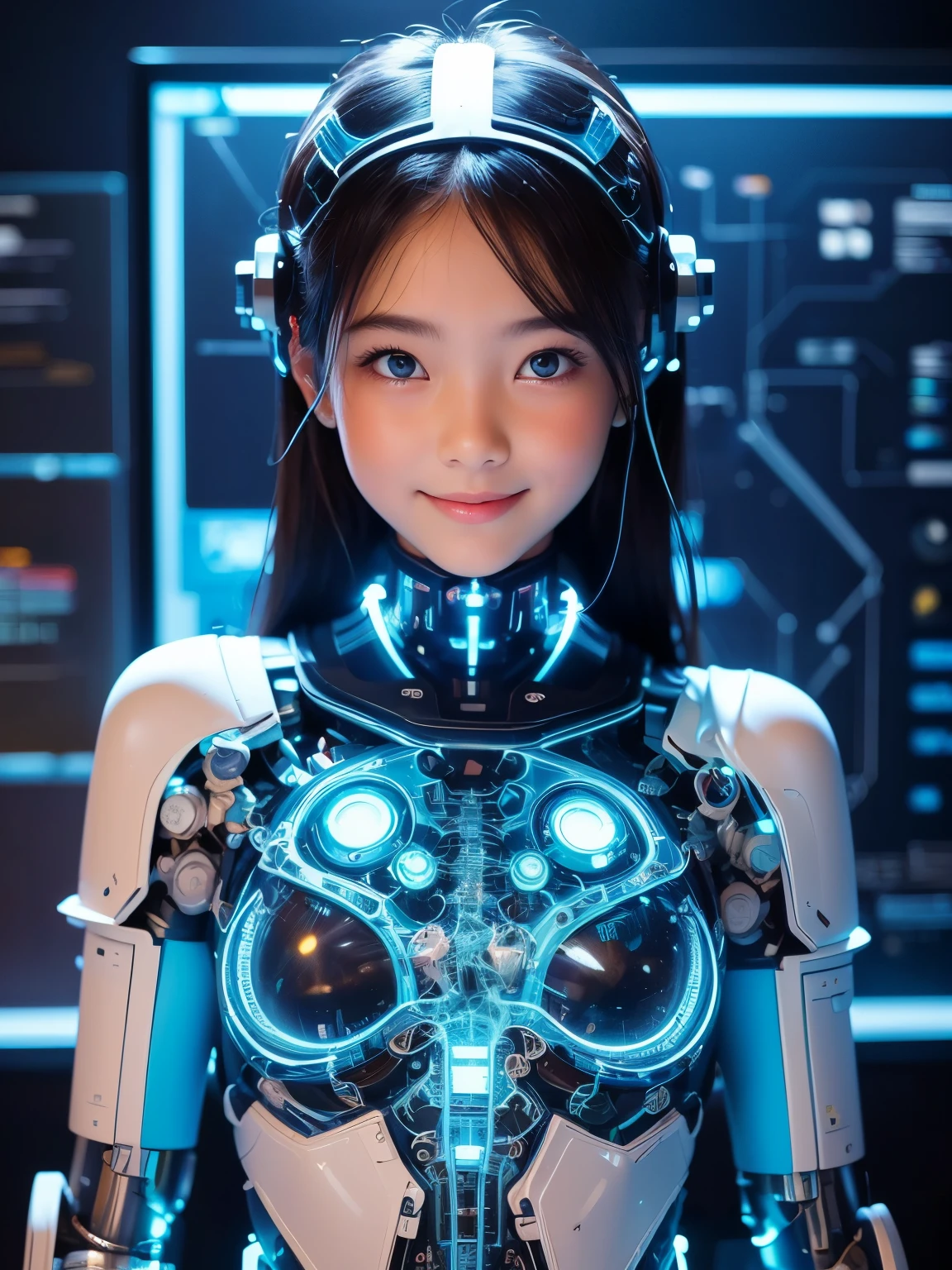 ( top quality , HD, masterpiece:1.2), very detailed with bubbles, realistic :1.37, ( 完璧な解剖学), 1 girl, Actress, Cowboy Shots, cute Japanese digitized girl 、very cute face,( big smile), Vertical position ,Laughter,(I can see through the electronic circuits in my head:1.2 )(Blue LED eyes:1.3), beautiful skin, beautiful hair,Detailed Facial Features (futuristic luminous perfect clear cyborg suit:1.2),( detailed blue electronic circuit inside:1.1), ,( The background is the interior of a cyborg's operating room and monitor screen.)..