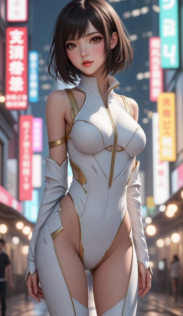 1girl, medium breasts, leotard, white and red leotard, bare legs, tight belt, gold belt, gloves, white glove, cameltoe, city backdrop, tokyo city backdrop, solo, single, hands on hip, cowboy shot, superhero, beautiful detailed eyes, mature lady, gold star symbol on chest, brown hair, short hair, bob hair, purple eyes, sleeveless, perfect anatomy, masterpiece, (rear view)