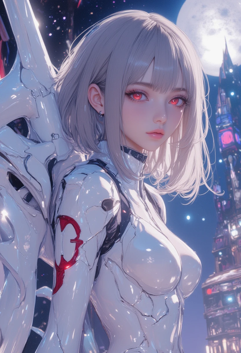 (photorealistic:1.8, highest quality:1.8,8K masterpiece:1.8,High resolution,muste piece:1.8,RAW Photos,cinematic lighting),No split screen, cyber punk、Back alley of the city at night、rain-soaked ground、vapor、
(1 android girl:1.3)、Completely naked、choker、beautiful breasts、Professional Wrestling Masks、spider girl、(Soryu Asuka Langley)、
(High leg white spider tight suit:1.7)、((Moderate chest:1.3)、Arachne tattoo on chest、Arachne:1.2)、
(look back、open your legs wide、squat、raise your hand:1.2)、(Body fluid adhesion:1.4)、spiderweb、The white body contains Arachne threads.、plump nipples、Nipples are visible through the costume,cameltoe,
(Beautiful, shining pale-white, gray-gold hair:1.5)、Amused Smile