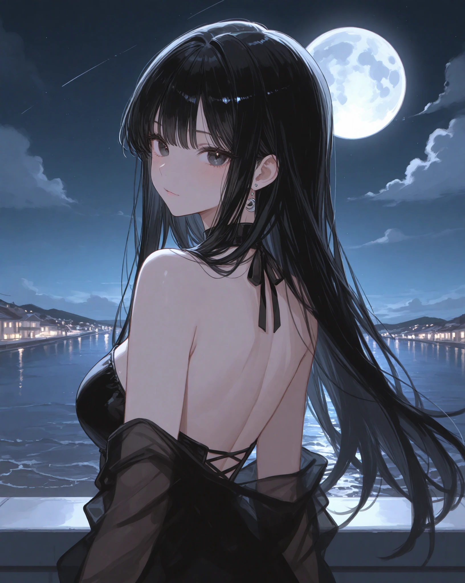 (absurderes:1.2), (absurdres absolutely resolution:1.5), (unbelievable Ridiculous:1.2), (hight resolution:1.2), (Texture:1.1), Best Quality, masutepiece, (line-drawing:0.3), Solo, 1girl in, Succubus, Shiny onyx hair, Runs down her back, Seductive purple eyes, Enraptured gaze, seducting smile, Uncover an intricately lace-crafted ebony gown, Sensual pose with finger on her lips, Upper body composition, Moonlit lakeside, Surrounded by a sea of fog, enchanting atmosphere.