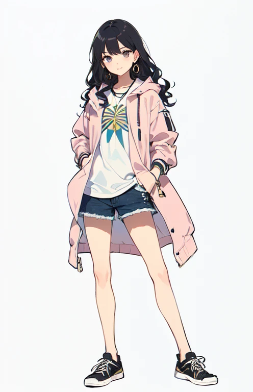 illustration, sketchy, paited, arab girl, arab nose, bomber jacket, denim shorts, earrings, relaxed stance, wavy_hair, egyptian woman, Egyptian eyeliner, black hair,