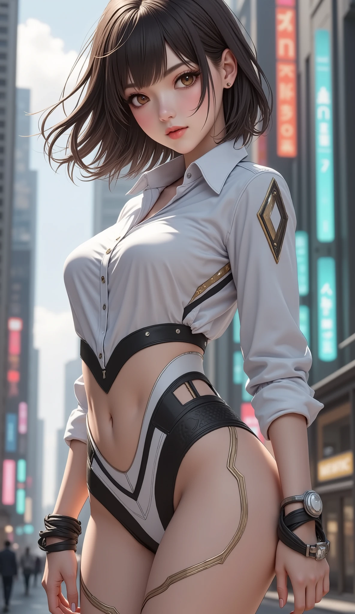 (Attack on Titan, Mikasa Ackerman), brown skin, (((white dress)), (short black hair), young, cute, beautiful girl, perfect style, big, emphasizing cleavage, expressionless, realistic, photoreal, 8k, highly detailed, highest quality, best quality, super high definition, masterpiece, one girl, (background is American Broadway),