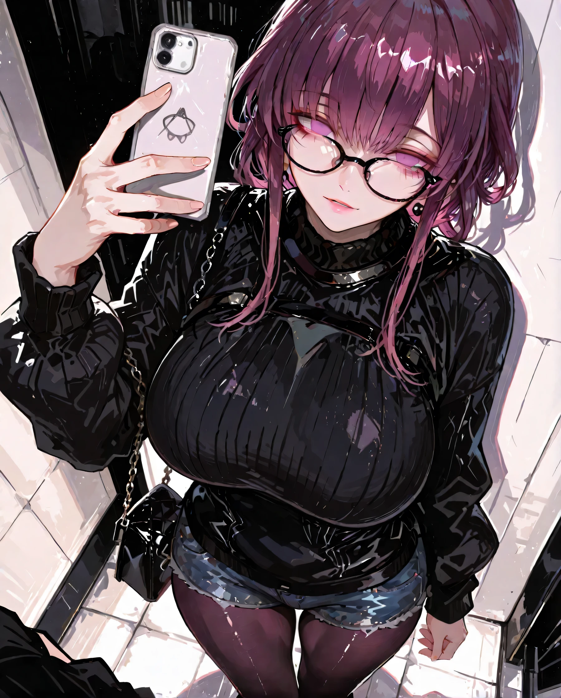 1people, Kafka, Big Breasts, purple hair, casual clothes, oversized black sweater , denim shorts, black tights, black shiny shoes , Black Chain Handbag, Standing, natural skin tone, Indoor Environment , Minimalist Background, soft natural light, relaxed atmosphere, front view, balanced exposure, HD, high resolution, selfie, from above, looking over here, Right hand to mouth, Four fingers, wears glasses