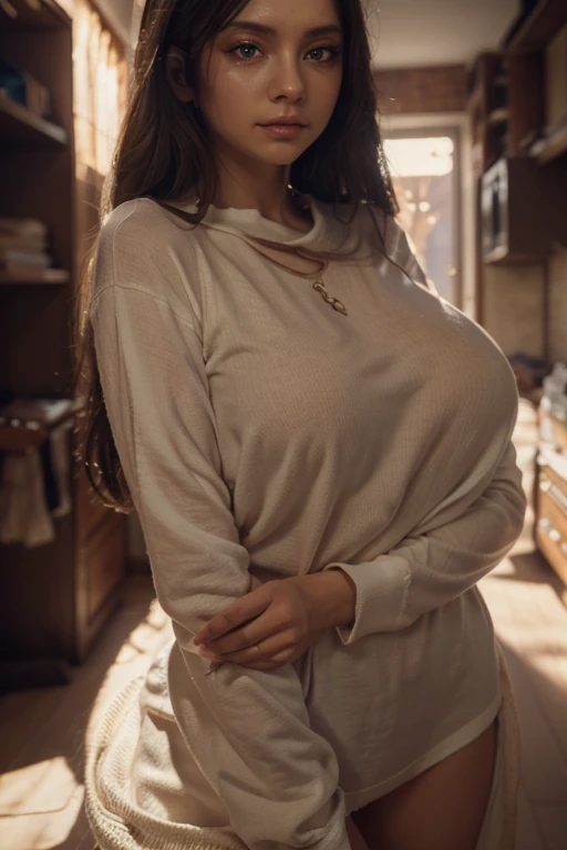 A girl bent over and from the side you can see her breasts peeking out of her sweater 