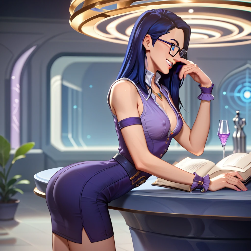 1 girl,(solo),(high-level image quality),(hight quality),(hight resolution),(detailed),(masterpiece),(artwork:1.2),(realistic),(semi-realistic),looking at viewer, standing,Detailed eyes, perfect face, perfect eyes, Detailed face,(soft shading),purple eyes,purple hair, (long braid), (futuristic leotard), fingerless gloves, (soda machine),(barclub background),(erect pose),(below glasses),thong,(portrait:1.2),smile, cleavage,drinks,