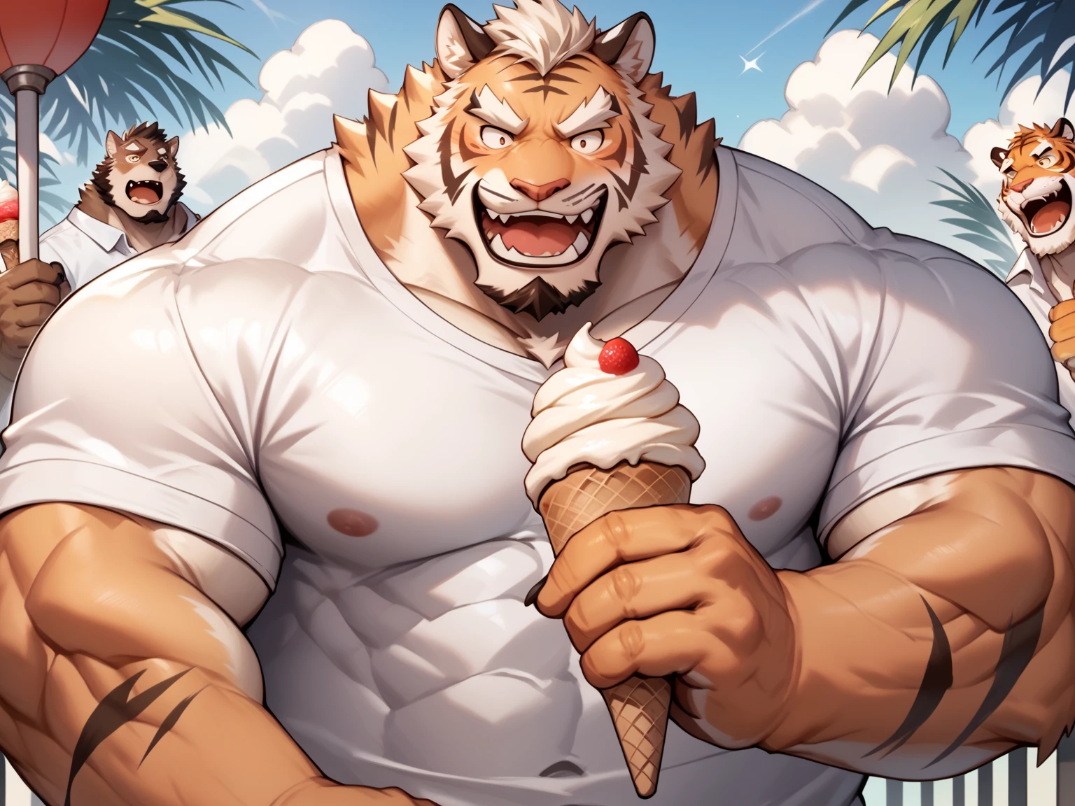 a large orgy of naked and wet oozarus, (blue eyes, NSFW:1.5, Naked:1.2, hyper penis, (massive cum into one bucket:1.65), massive balls, (massive pecs:1.50), topless, Naked, Sexy body, muscular, anthropomorphic, extra detailed body, detailed body, Best quality, masterpiece, ultra high res, detailed background, realistic, real shadow and light, depth of field, details skin, fluffy, open mouth, bad boy, sweaty, Summer, coconut tree, Sunny, beach, Gorilla, Oozaru. a lot of people. see all group members in portrait.
