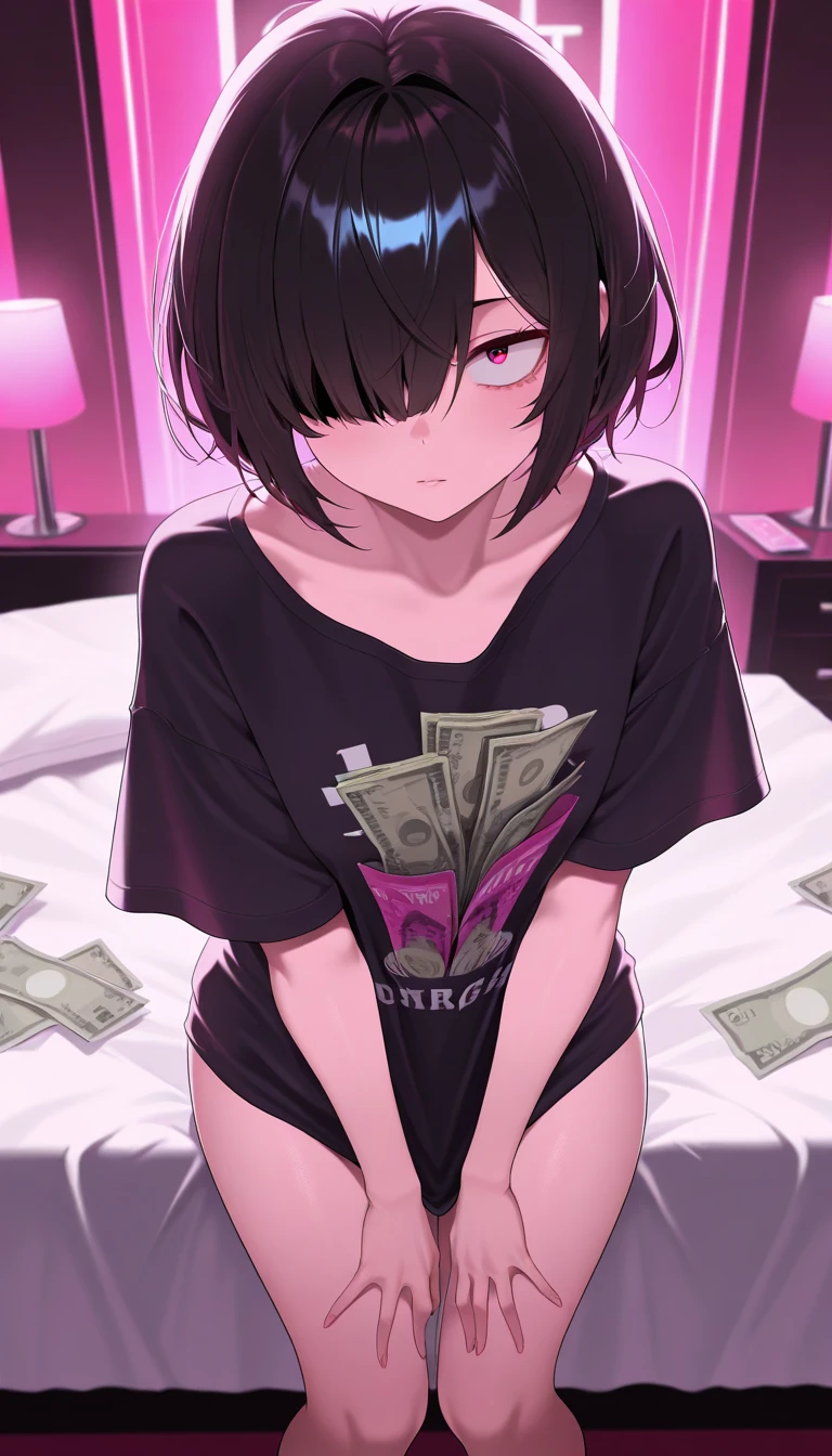 One woman、One Man、beautiful girl、high school girl、Glasses Girl、Short Hair、Sailor suit、Short pleated skirt、Love Hotel、Love Hotelの部屋、Pink lighting、Knee socks、King-size bed、Highest quality, Black Hair、Sweaty body、ムレムレのKnee socks、Sit on the bed、Lie down with your legs open、Lie on your back on the bed、Embarrassed face、Yellow-green panties、Scared、Money is handed over、Man holding money、Make your panties look bold、Thick thighs、Big 、Big Ass、Penis with a condom、Penis insertion、Normal position、Sex、Sexual excitement face、仰向けでSex