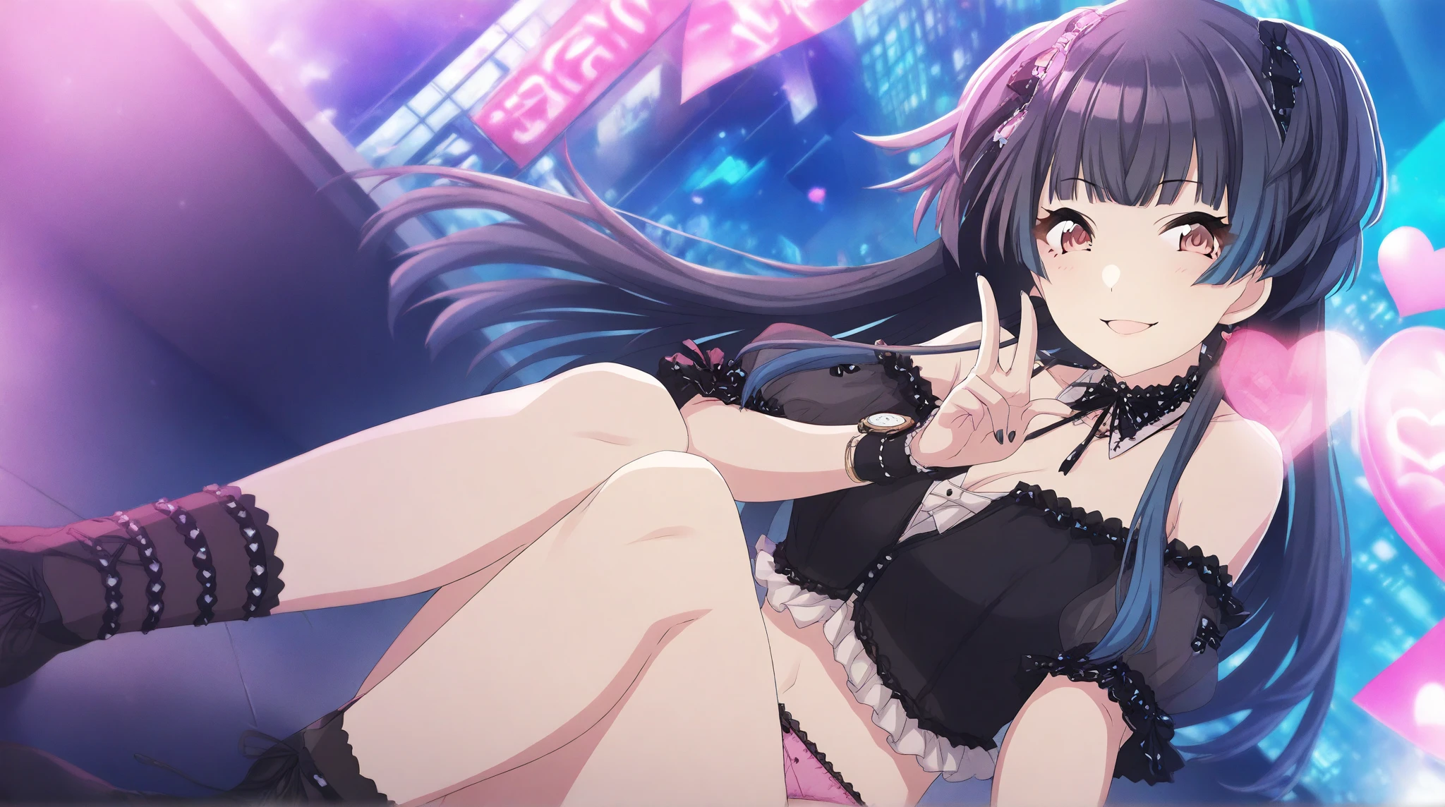 masutepiece, Photorealistic, very high res, Hoshino Ai, Long hair, Purple hair, striated hair, Purple eyes, star-shaped pupils, Hair Ornament, Concert venue stage, Light up to the stage, Transparent pee, Pee in a wine glass, Splash , excited expressions, Completely nude, Bunny Ear Cosplay, Fishnet Thigh High Socks, Squatting,One girl looking down from below Solo Naked pubic hair Beautiful ,more_Details:1, more_Details:1.5