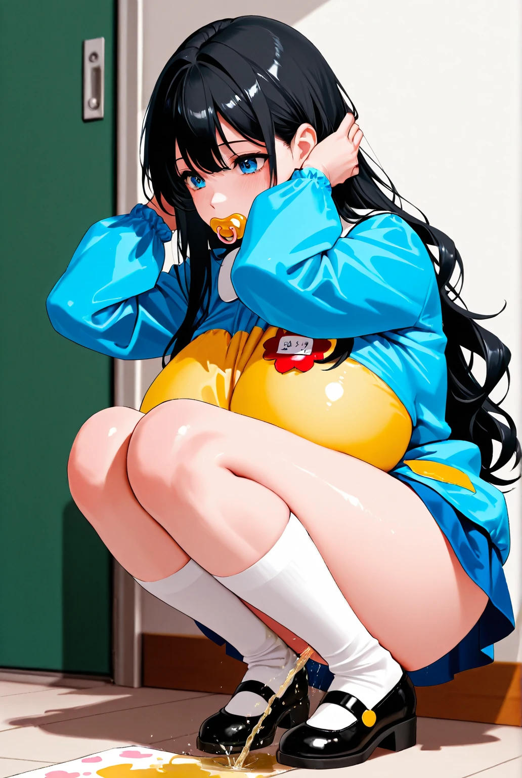 score_9,score_8_up,score_7_up,solo,beautiful woman,black hair,wavy long hair,blue eyes,(pacifier in mouth),huge breasts,((kindergarten uniform)),black shoes,white long socks,squatting,(hands on backhead),peeing,kindergarten