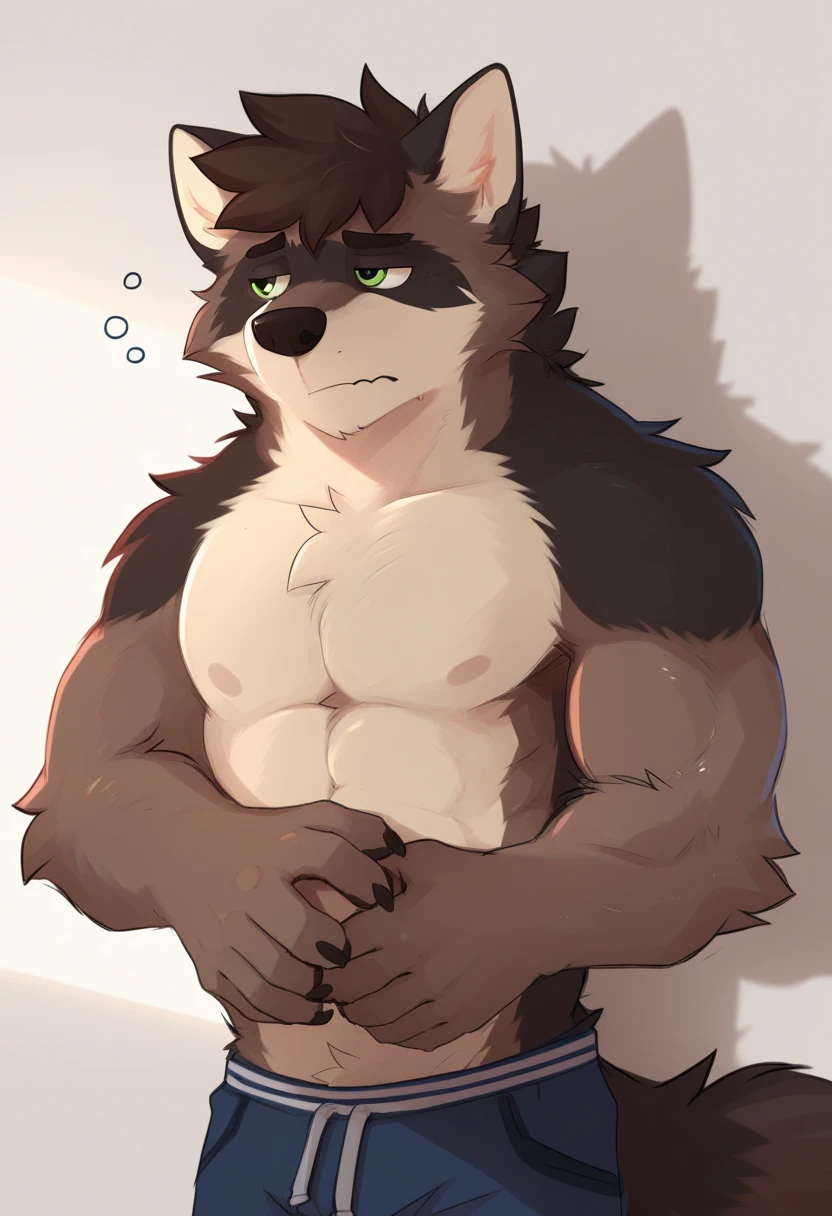 wolf boy furry one wolf gym training topless grey fur young style young style plump sweaty grinning face posing in front of mirror showing off