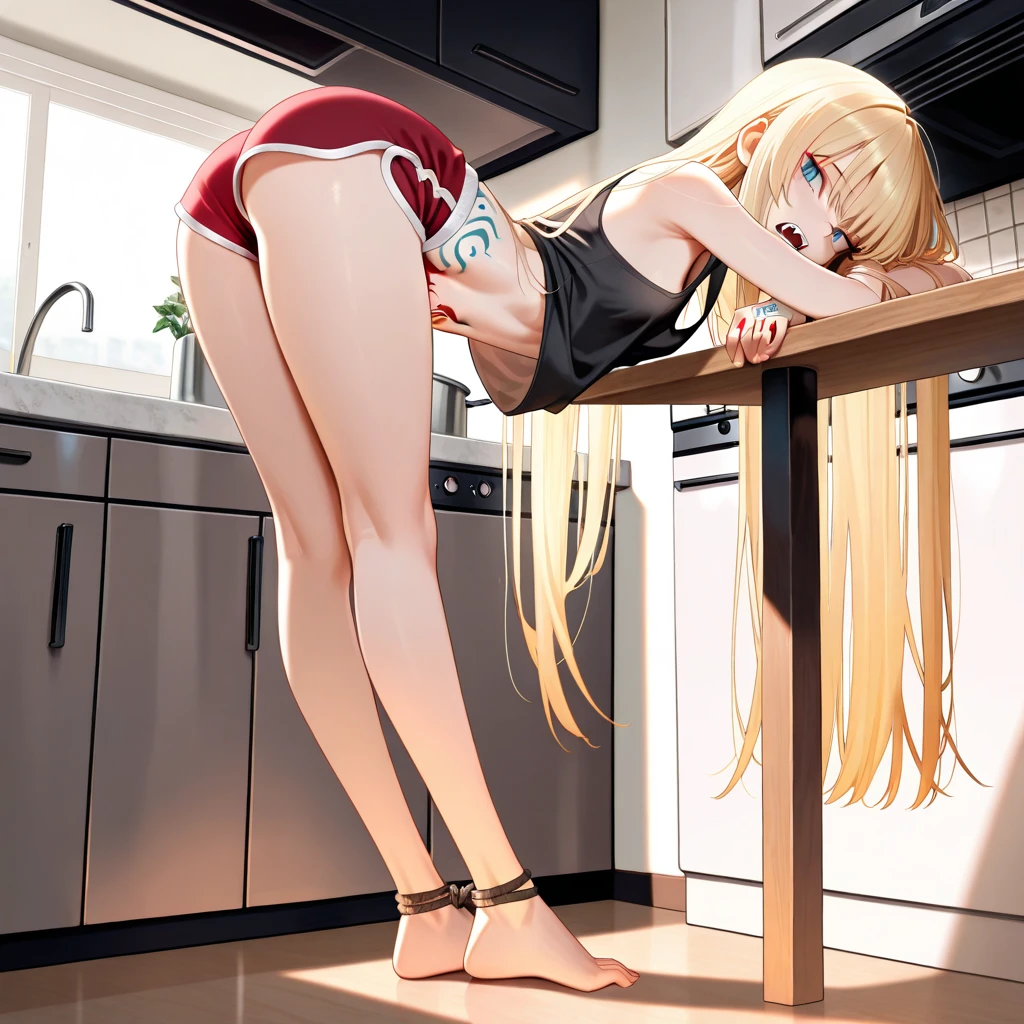 da,bare leg,bare feet,red slingshot swimsuit,wet,o-ring,small breast,full body,solo,dark blue eyes,one girl,medium hair,blonde ,muscle,small breast,indoor,grey backgrpund, strong light and shadow contrast ,crying,tears,pissing,a blonde girl being tortured by electric shock,pantyhose,bondage,machine,iron,bondage,bdsm, tied,iron chair