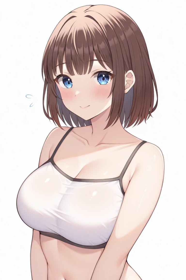 (best quality), (Super detailed), (Best Illustration), (1woman), look at viewer, (track and field), (Big Breasts:1.2), {brown hair, (bob cut:1.2), curly hair, hairs between eyes}, {(detailed eyes), heart-shaped pupils, blue eyes}, blush, sweat, steam, earrings, white hairband, gym