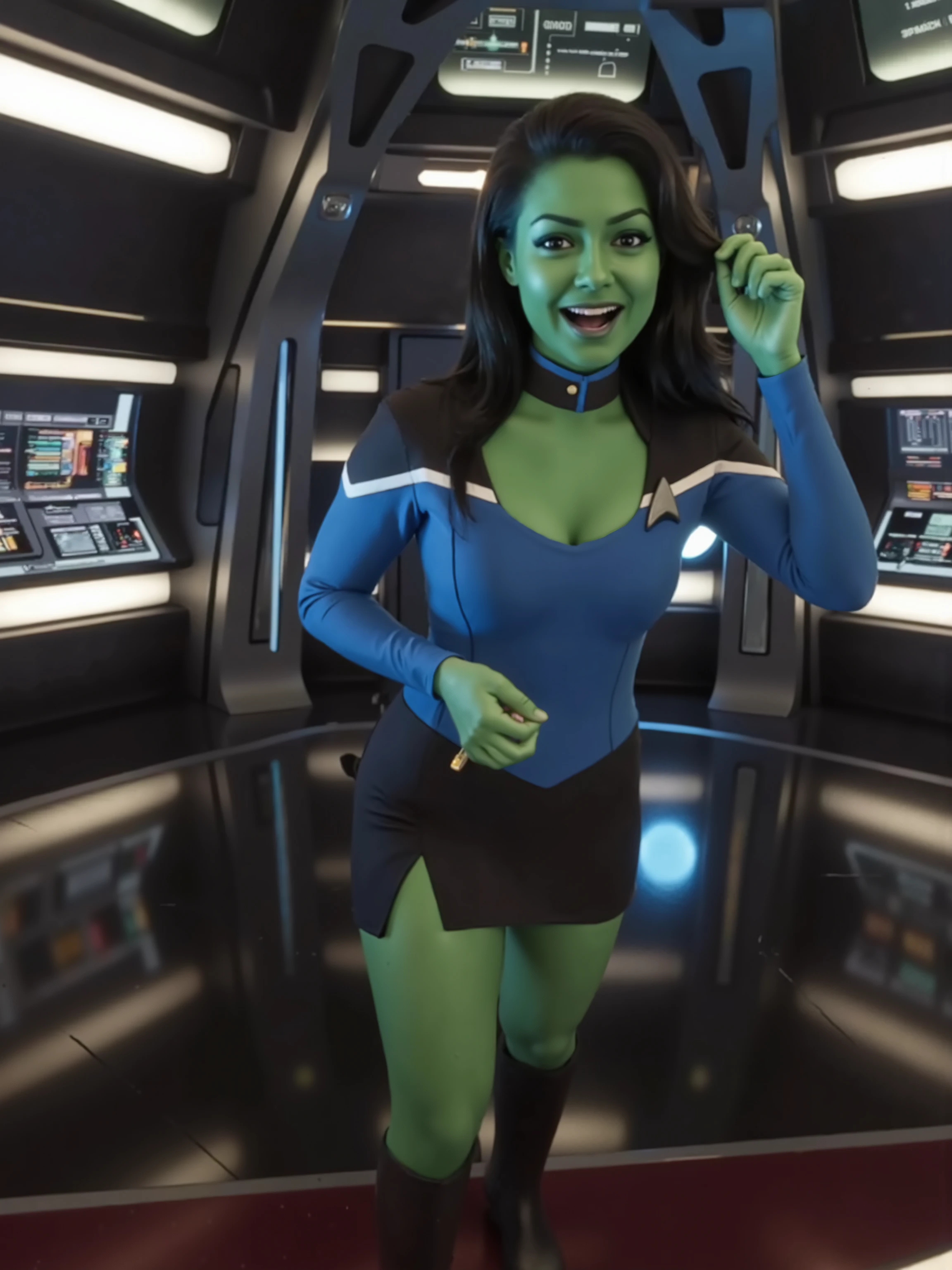 Sexy photography, beautiful pinup model with green skin and green hair as a starfleet officer wearing a sexy revealing blue TLD uniform with black shoulders, on the starship enterprise, Startrek badge, stockings, garter, sexy leather boots, choker, sexy dynamic pinup-style pose, green lipstick, cleavage, high leg-line, focus on beautiful legs, deliberately showing off her beautiful toned sexy legs, mischievous smile, perfect legs, green hair, green skin, startrek orion species