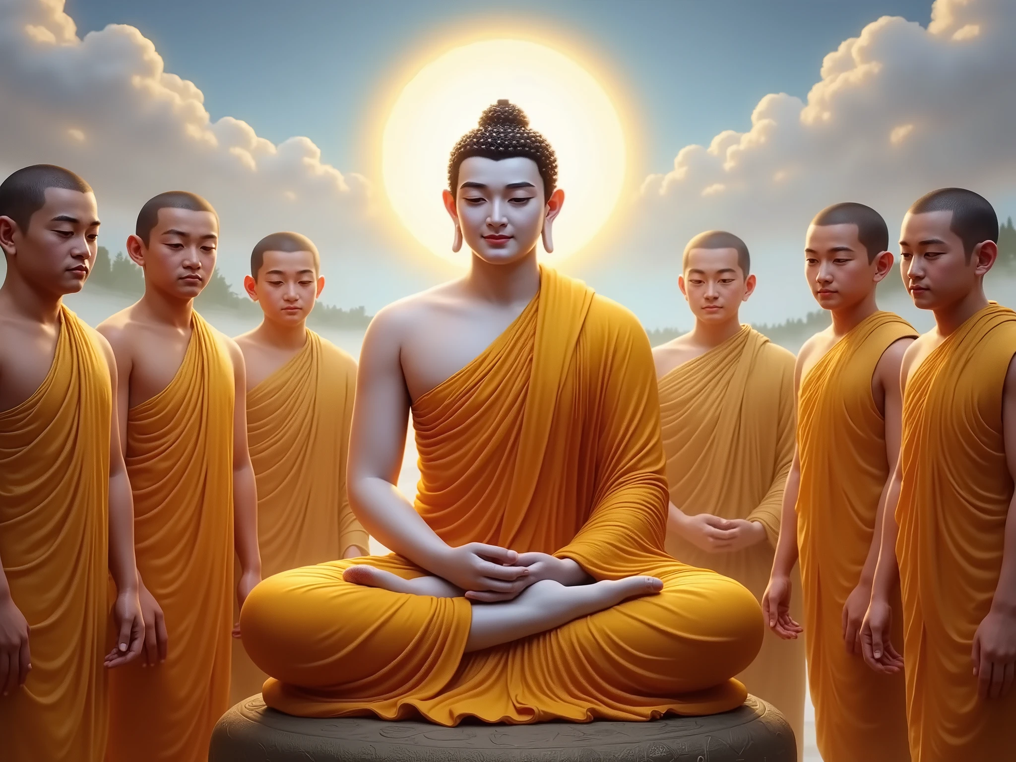 Buddha among the myanmar style monks . highlight the buddha. Fade the monks  shave head professional details sky shot