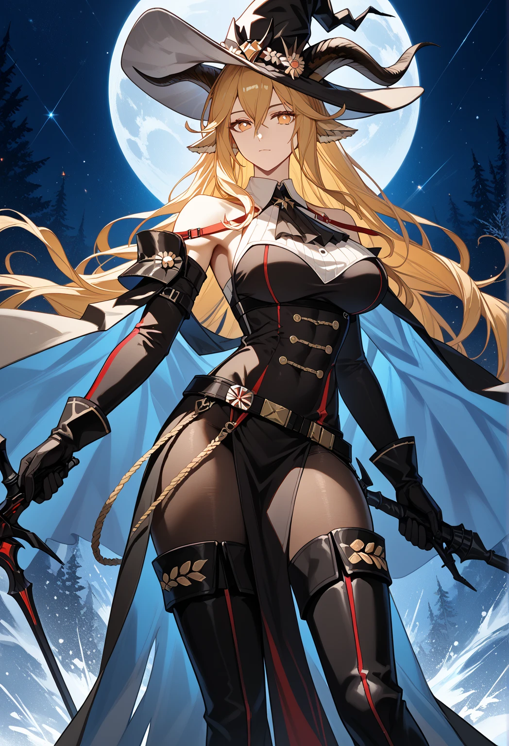 Masterpiece level delicate illustration style image：A female character wearing the Ark Night Monster Hunter armor，Reveals warm blonde hair，With anthropomorphic female deer characteristics，She is a very beautiful female mage。She is a female druid in character concept art，Wear an officially designed character art attire，Play as a sorceress in the forest。In the forest background，She stared ahead with blue eyes。
