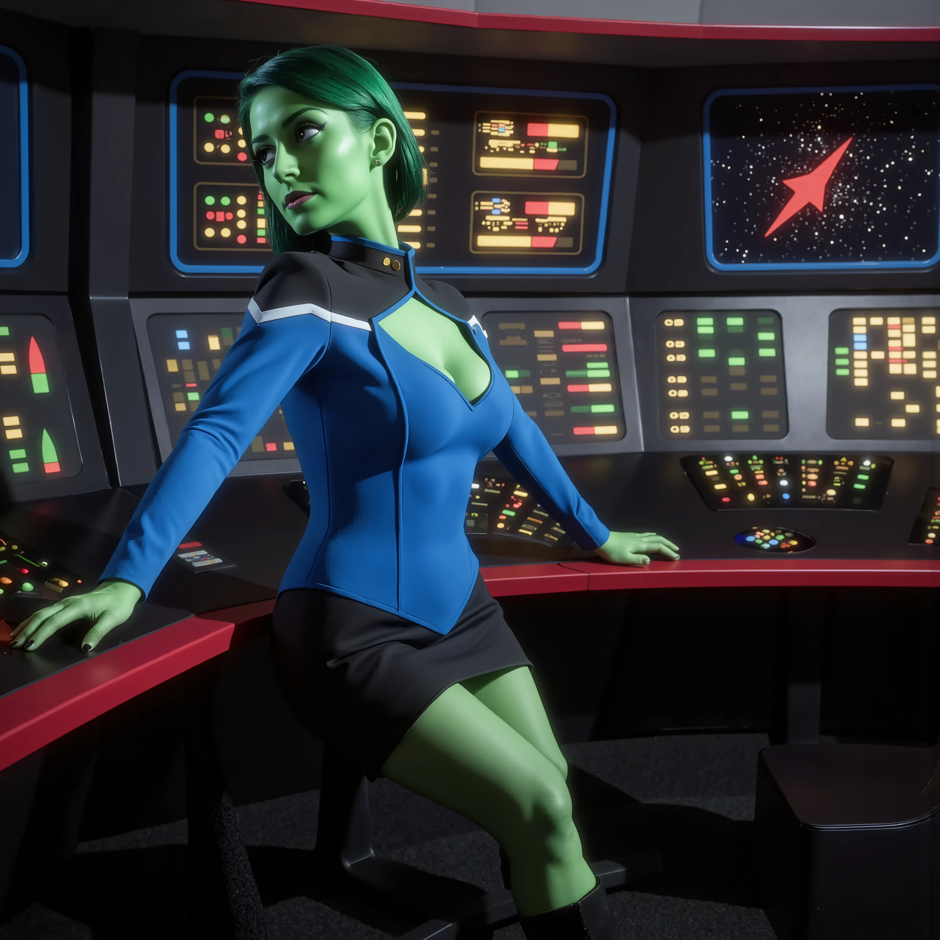 Sci-fi Pinup, ultra high definition photograph, beautiful pinup model with green skin and green hair as a starfleet officer wearing a sexy revealing blue TLD uniform with black shoulders, on the starship enterprise, Startrek badge, stockings, garter, sexy leather boots, choker, green lipstick, cleavage cutout, mischievous smile, perfect green-skinned thighs and calves, green hair, asymetric undersut hairstyle, startrek orion species, dynamic pinup-style pose manupulating her clothes to reveal a glimpse of skkn and lingerie underneath, focus composition on showing off her thighs calves, face and breasts