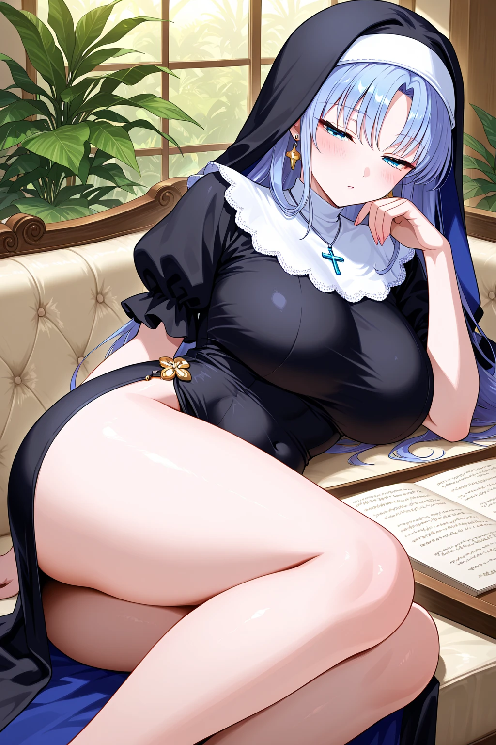 one pregnant anime girl with white hair and red eyes, chained and laying on a bed. Sad. breast feeding