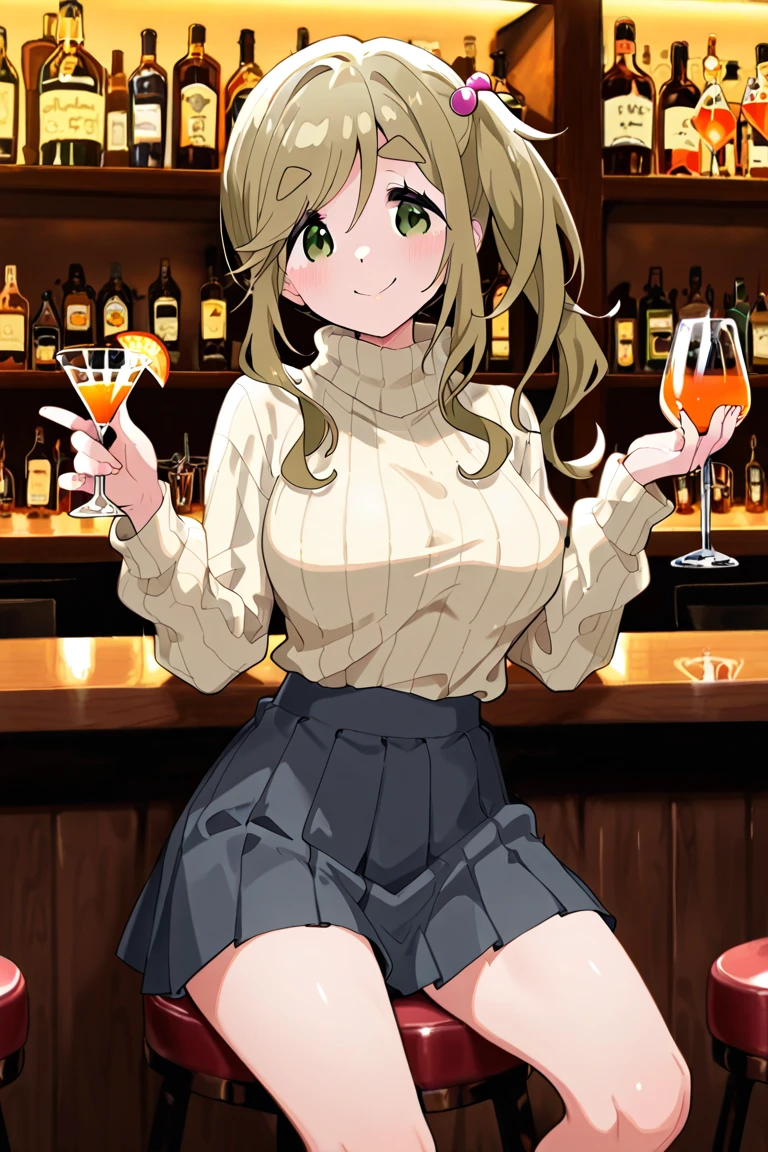 (from above:1.2),(from side:0.9), ((Face)), (Close-Up:0.4), masterpiece,"A 26-year-old girl stands at a bar counter. She is dressed in a stylish off-shoulder dress, sweater dress, off-shoulder sweater, red sweater,garter stocking, midriff, red skirts, black thighhighs, thigh strap, pretty girl, (highly detailed beautiful face and eyes,firm breasts),real skin,((black,hair,long pony tail hair)),thin pubic hair,cute and lovely pose, detailed eyes, This masterpiece is only visually stunning but also tells,(double breasted:0.6,under bust:0.6,cleavage:1.1,),(small breasts:1.2),(perky chest:1.1), (pointed chest:1.3), medium hips, glamorous body,(with sparkling eyes and a contagious smile),open mouth. The bar is beautiful, with colorful bottles of alcohol in the background and a soft glow from neon lights. The atmosphere is relaxed, and the girl looks confident and fashionable.",full body, sexy pose,make a cocktail , in a bar counter, Looking at Viewer,