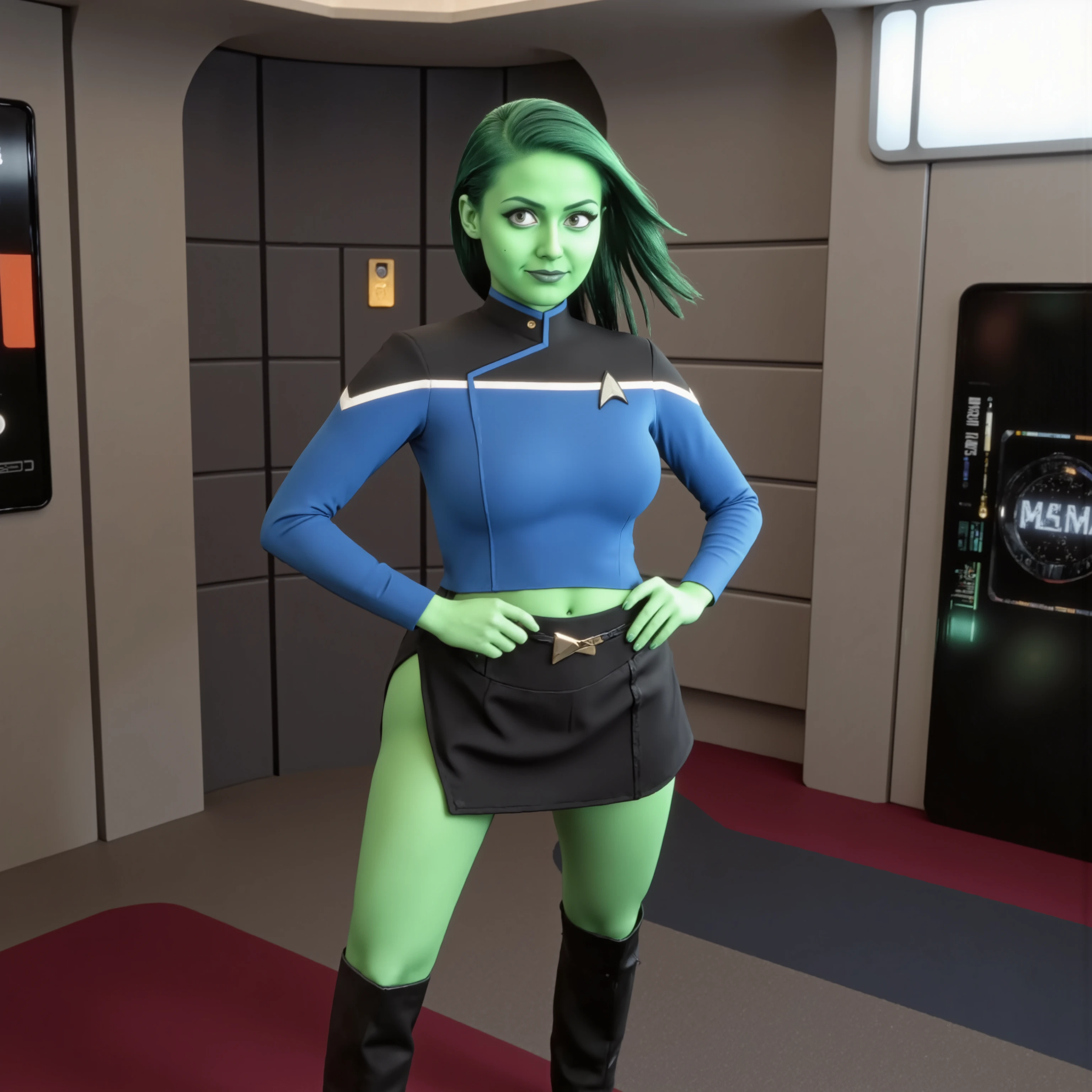 Sci-fi Pinup, ultra high definition photograph, green-skinned woman, beautiful pinup model with green skin and green hair as a starfleet officer wearing a sexy blue TLD uniform with black shoulders, on the starship enterprise, Startrek badge, garter, sexy leather boots, choker, green lipstick, cleavage cutout, mischievous smile, perfect green-skinned thighs and calves, green hair, asymmetric undercut hairstyle, startrek orion species, dynamic pinup-style pose manupulating her clothes to reveal a glimpse of green skin and lingerie underneath, focus composition on showing off her thighs calves, face and breasts