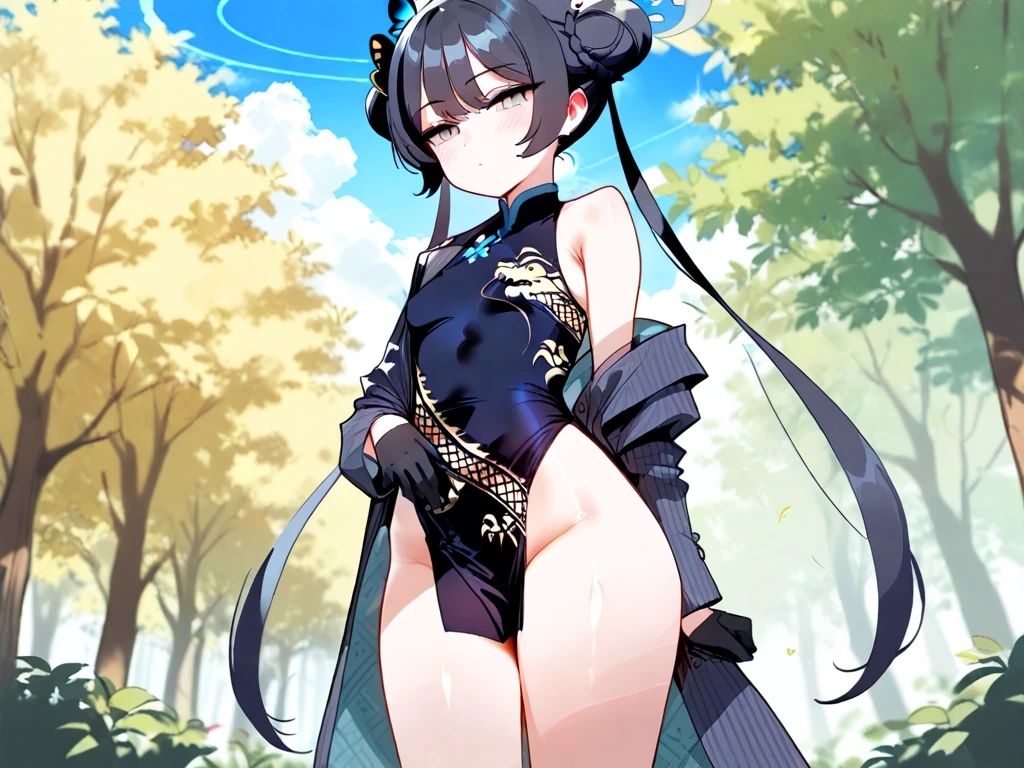 chinese bun black short hair,bun cover,_((dress lift Transparent see-through china dress)), long dress,tight mini skirt, gold decoration dress, sleeveless, ultra detailed dress,cleavage, cleavage cutout, clothing cutout,,((NSFW))　((hentai))Long black hair　((Toddler girl))　((5 years old))((Small breasts))((crop top navel))