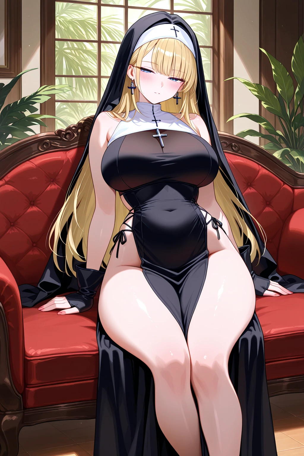 1 Anime Girl, ((((solo)))), (((Black Dress))), (((Sitting on a red couch))), (((blond hair))) (Long Hair), (((blue eyes)))), ((sexy pose)))), (((mischievous smile)))), ((((showing the panties)))), (((open legs))), ((large breasts)), ((((veil on the head))))