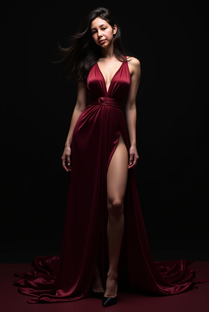 beautiful sensual photo model woman brown hair, brown eyes, burgundy lips, slight smile, serene purple airy evening dress realistic skin texture, slightly bowed head, eyes looking at the camera purple background dynamic movement full body fashion photo wide aperture bokeh photo, elaborate details