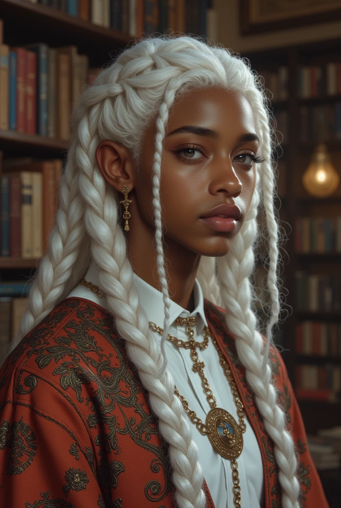 ((best qualityer)), ((work of art)), (detailded), 1 beautiful forty-year-old African-American woman ((dark skin color)) White hair ,long curly hair ,few dreads ,medieval gown ((torn outfit)) clear lighting, detailed shadows 