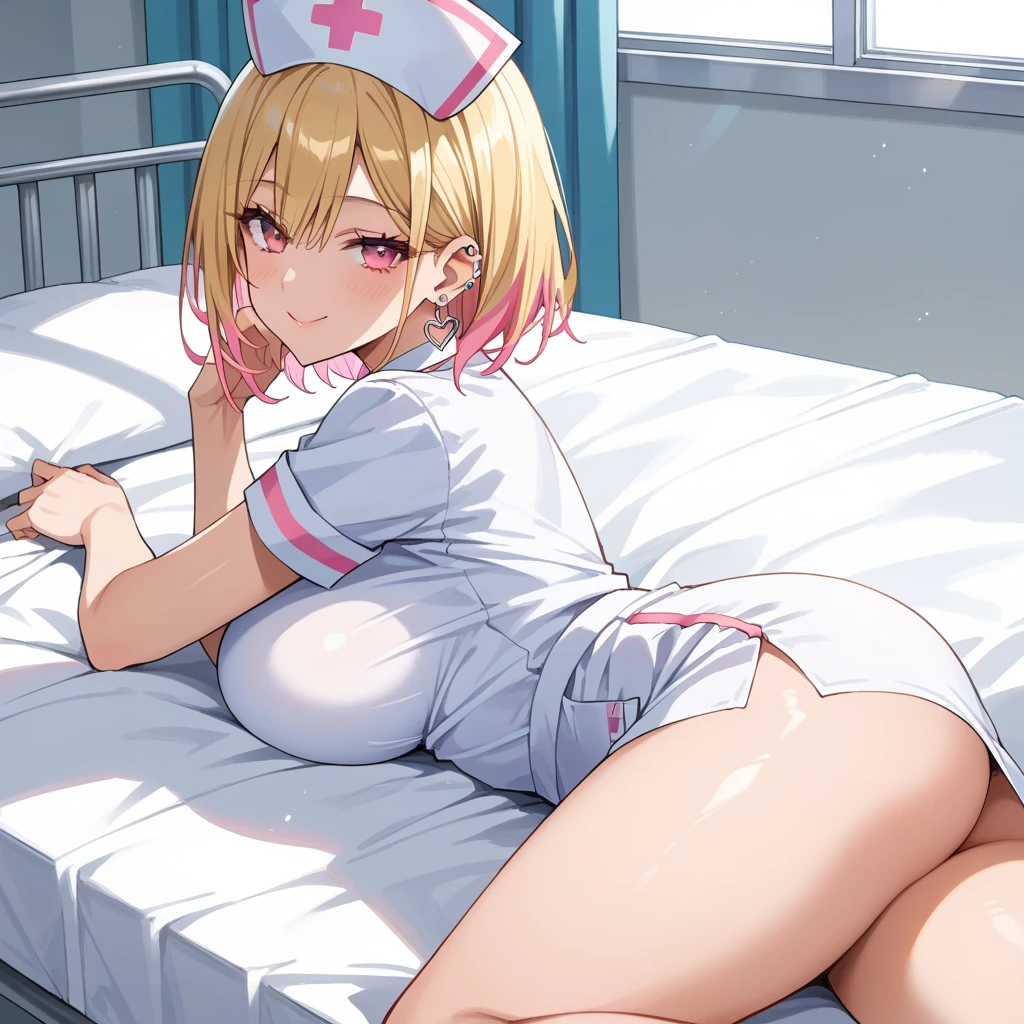 score_9, score_8_up, score_7_up, score_6_up, score_5_up, score_4_up, 1girl in hospital room, lying, legs up, pink nurse, Tight skirt, impossible clothes, panty shot, blonde hair, single braid, The genitals are swollen, open mouth, embarrassed, nose blush, on bed, (3boys, Patient take)