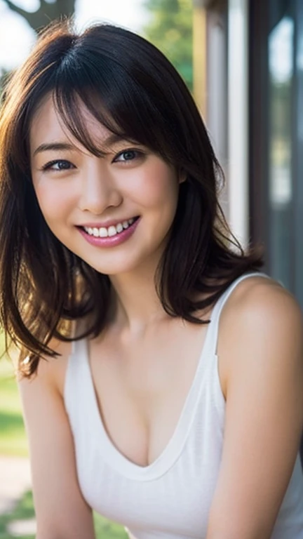 Japanese ),((beautiful girl)),cleavage,An expression that imagines something pleasant:1.2,(perfect body beauty:1.2),((perfect body)),(shy smile),beautiful teeth,