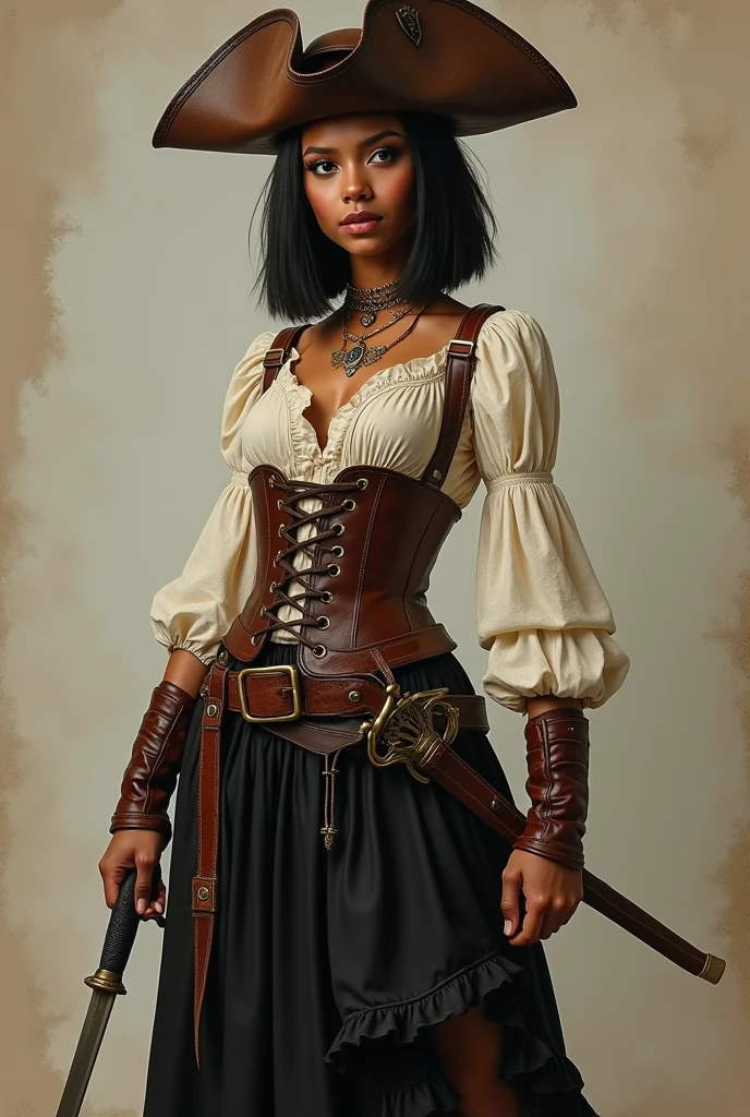 ((21-year-old))) black girl, (((light skin))),  (((close-up full body pose))),  (((long wavy black hair))), (((silk thigh highs))), (((wearing steampunk clothing, short sleeve white shirt, unbuttoned half way))), african tribal tattoo sleeve, dark fantasy art, Rich, Deep Colours, (intricate details:0.9), (HDR, hyper-detailing:1.2), (natural skin textures, hyper realisitc, soft light, Sharp),