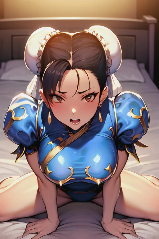 Chun li , topless, nude, nipples, large breasts, ahegao, upper body, closeup, looking down, pov, biting lips