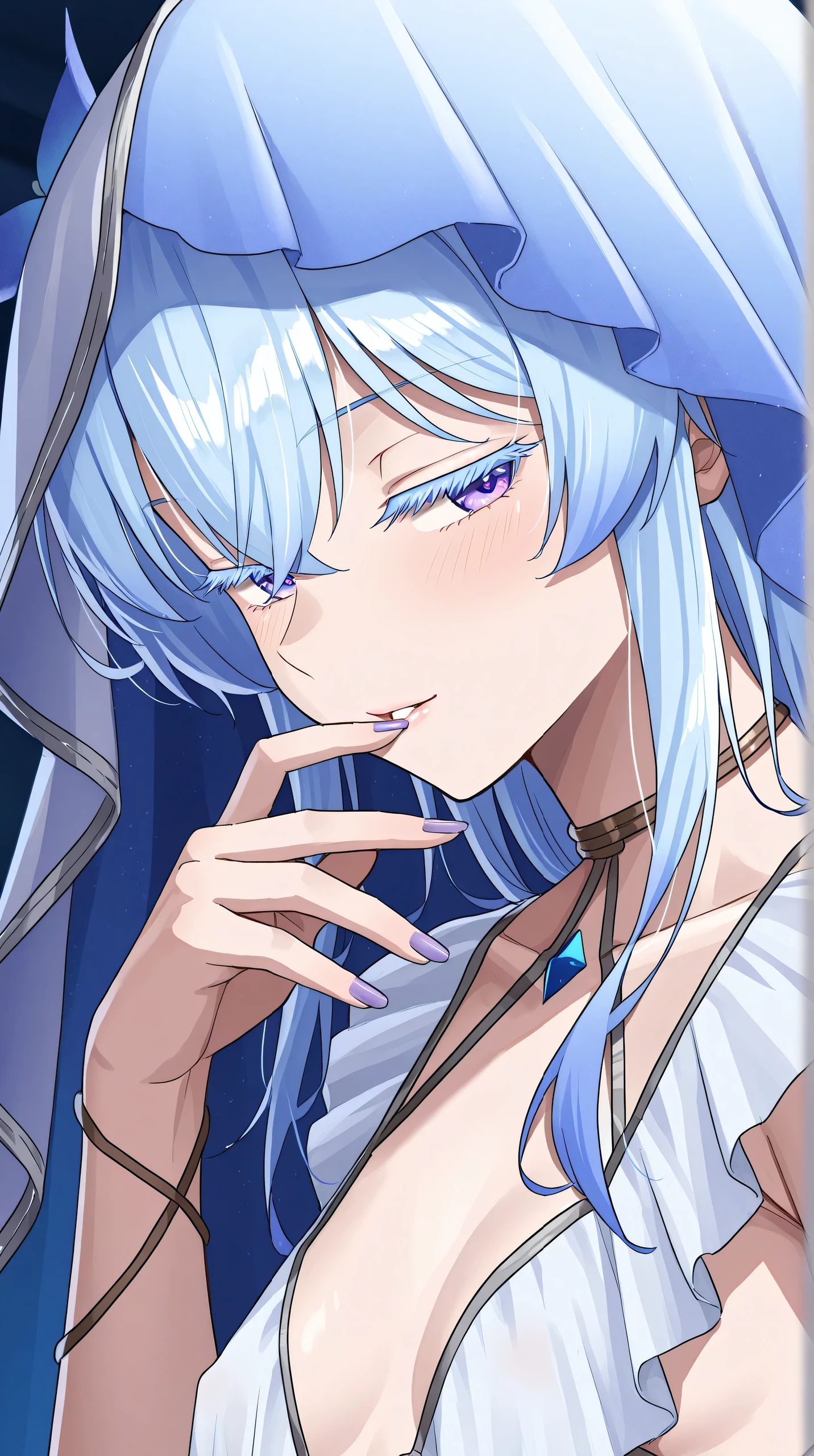 Shorekeeper with a very sexy face in the foreground, blue and white veil on the hair, colored eyelashes, seductive look, light blush, With a hand with purple nail polish placed on the face, View slightly from the side, very detailed character, Half-bust , Very low-cut small breasts