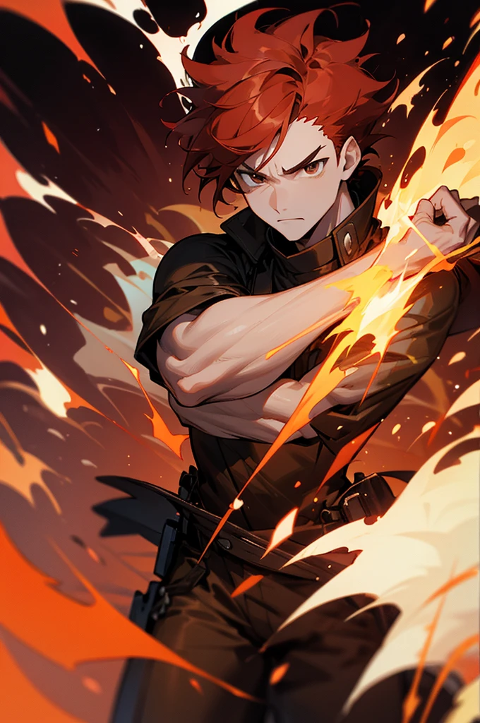 (masterpiece, highest quality), 1 guy a man is inside a old barn in the middle of the forest the man is blacksmithing a seed the man has light orange skin long black piney tailed hair and green eyes the man is focused at hammering the sword has he in inside the barn the man is sweating a little and the heat and lighting of the warm fire is seen on his face the lighting is hard yet soft and the man’s green eyes has a intense yet gentle look as he is hammering the sword,