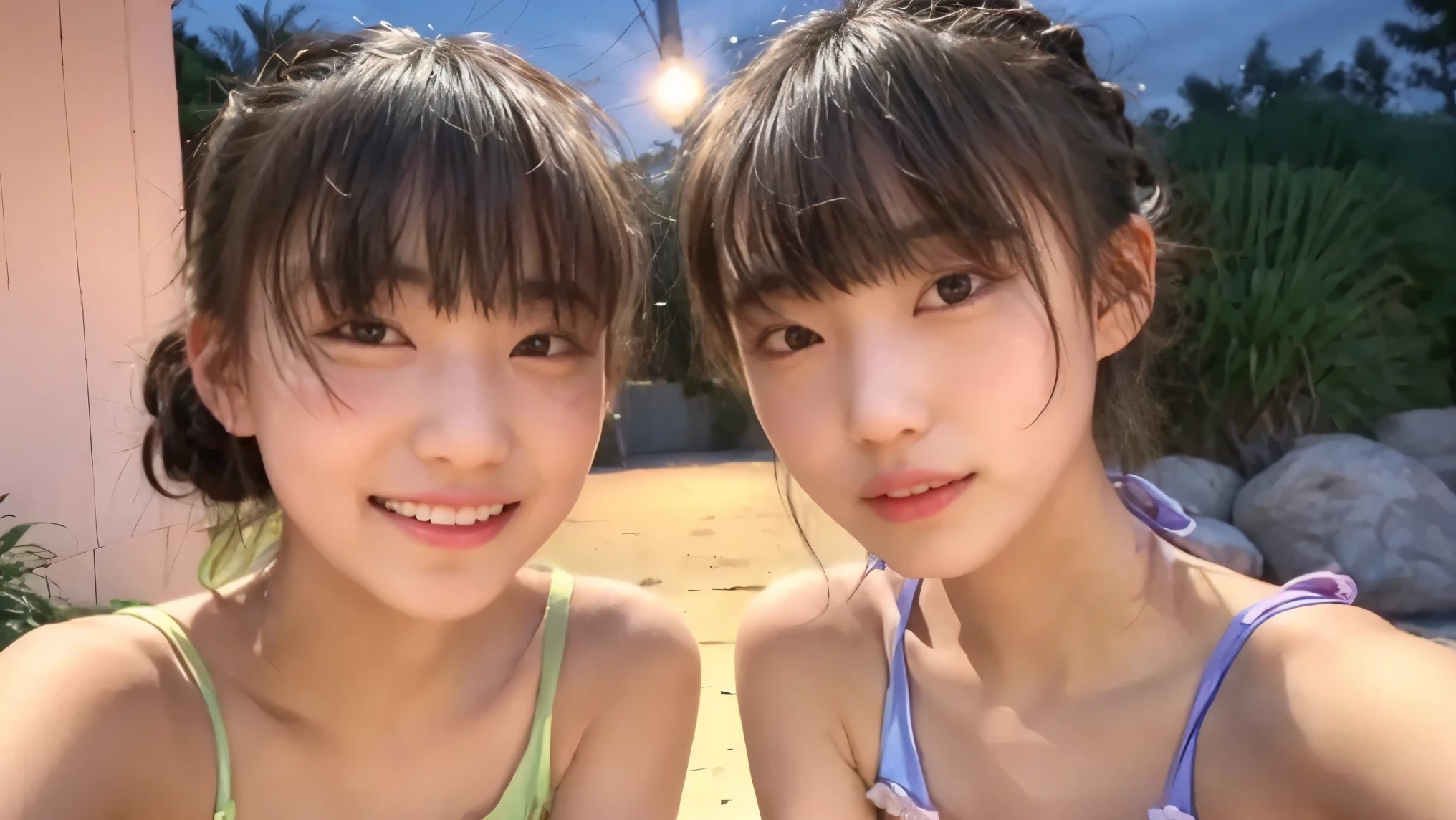 Two very beautiful Japanese women on the same screen、Mother and daughter, 35 and 14 years old、(8k、RAW Photos、Ultra HD、highest quality、masterpiece:1.2)、(Realistic、Realistic:1.37)、Beautiful Skin、Beautiful eyes in every detail、Always wears glasses、Hold hands and get closer、Swimwear、Beautiful beaches in Okinawa、The cutest and sexiest poses、Full body portrait