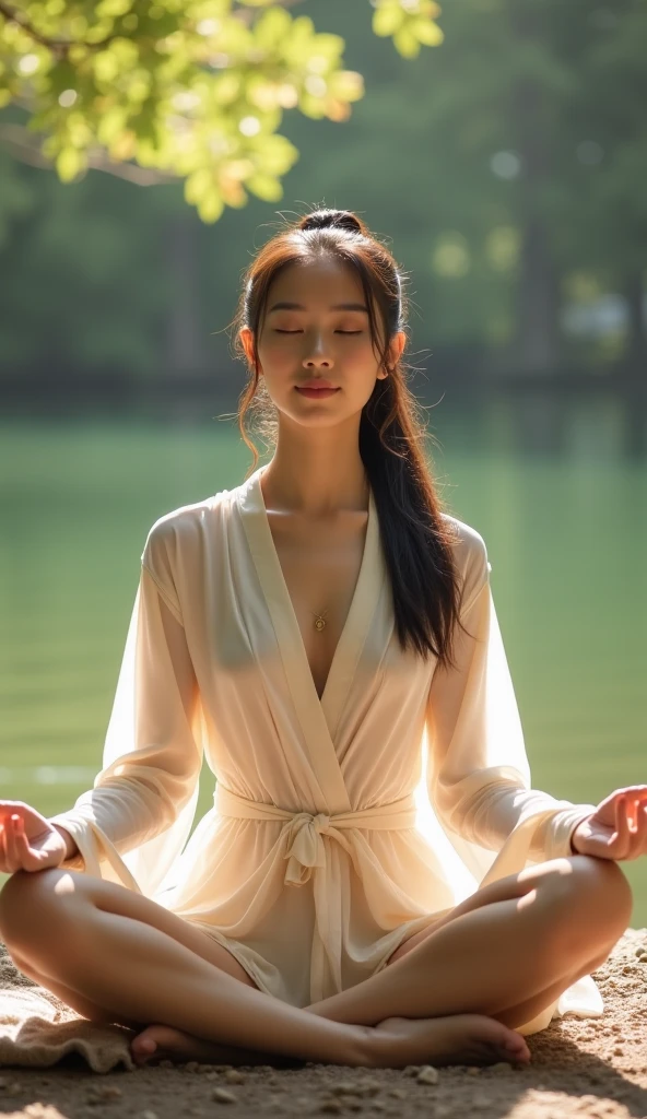 (Master parts:1.2),Best quality,Pisif,Taoist,(Meditation:1.1), soio,A sexy girl with big breasts ,Meditation cross-legged， The whole body is soaked with  Transparent mature woman,Realistic