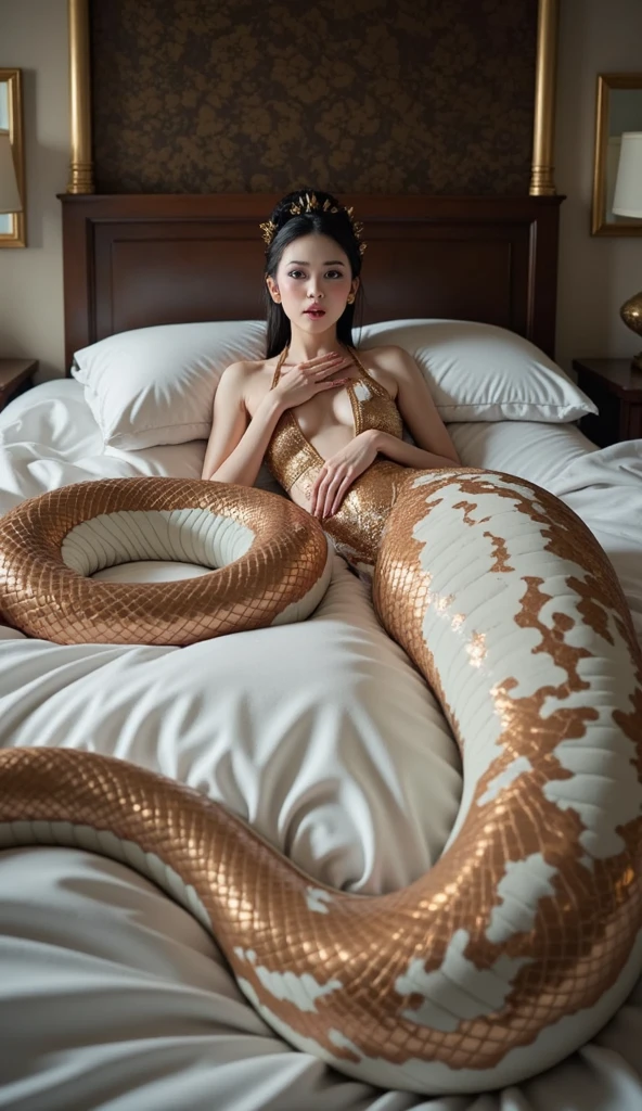 ((Best picture quality, 8K, tmasterpiece:1.3)), 1girll, Beautiful woman with slender abs:1.3, (Casual hairstyle, No leakage of big breasts:1.2), Python pattern:1.1, (mermaids:1.2),(Elongated snake tail:1.3),Realistic golden scales,Ultra-fine face, A detailed eye, 二重まぶた,The skin is smooth and delicate,Home,Beds,Sit Pose,Faraway view