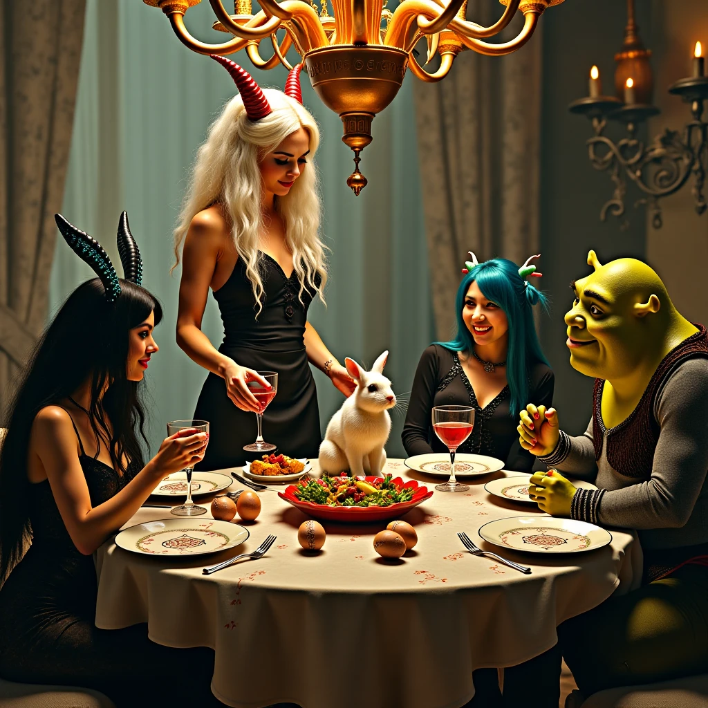A stunning woman with long, flowing white hair and elegant, twisted red horns stands at the head of a rustic wooden table. She wears a form-fitting dress partially covered by a black apron, slightly open at the chest, blending domestic grace with seductive confidence. With a calm, knowing smile, she places a rabbit delicious dish — her unique offering for this unusual Easter feast.
Seated around the table are three eccentric guests. One is a mysterious woman with jet-black hair and dark horns, dressed in gothic elegance, holding a glass of red wine as she watches the host with a stoic gaze.
Next to her sits a rebellious blue-haired woman, her horns sleek and embedded with glowing turquoise metal, wearing a futuristic, cyberpunk-inspired outfit. She leans back casually, grinning with amusement.
At the far end of the table sits Shrek, wearing a slightly-too-small festive outfit, his massive arms resting on the table as he squints at the rabbit with a mix of confusion and curiosity.
The dining room is lit with warm golden light, decorated in a strange combination of soft Easter pastels, hand-painted eggs, and faint occult symbols etched subtly into the plates and tablecloth. The entire scene is both surreal and grounded — a bizarre yet intimate gathering where fantasy characters share a strange, symbolic meal under the guise of tradition.