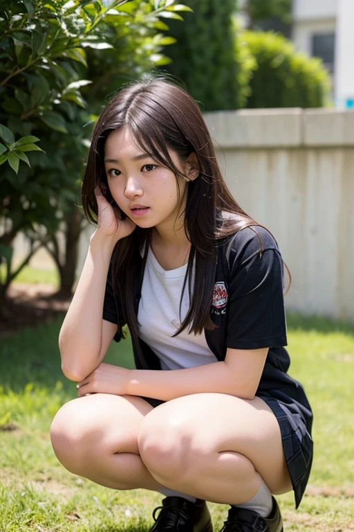 Ultra High Quality, (Live Action: 1.4), Realistic Skin, (Amazing Photos: 1.2), Front Shot, Shot from Below, Japan, Sitting on a Station Bench, 16 Years Old Girl, Panties Visible, Real High School Uniform, High School Skirt, Legs Spread, Angry Look, Masterpiece, Best Quality, (Ultra Detail: 1.5), (Realistic Photos: 1.27), Professional Photography, Soft Light, RAW Photos, 16K, high resolution, high resolution, high detail skin, high detail face, from the front, looking at the viewer, breaking (cowboy shot;1.2)