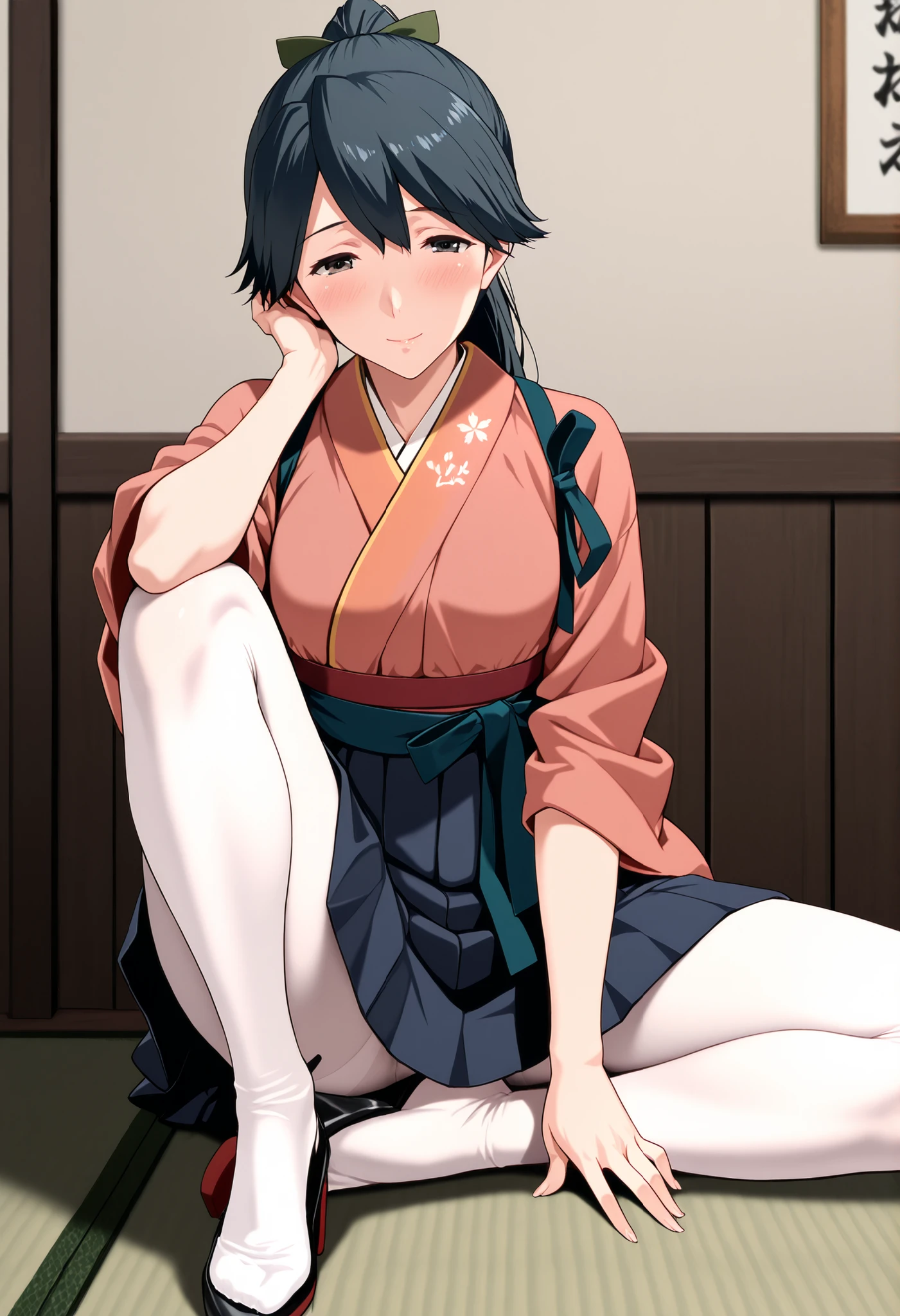 {houshou (kancolle)}, breasts, black hair, pink kimono, long hair, hair ribbon, ponytail, Mature Woman, an adult woman, nsfw, score_9,score_8_up, score_7_up, source_anime, masterpiece, best quality, ,split bangs, detailed eyes, small breasts, one woman, , alone, navy blue pleated skirt, heel shoe , Sash, white tights , full body,
