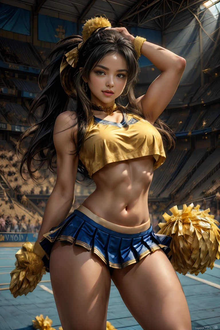 (Highly detailed skin, dark brown hair, beautiful detailed hair, delicate beautiful face, seductive smile, beautiful detailed eyes, large_breasts, real skin texture), (big, 20yo,, appeal, sexy), (narrow eyes, blush, dark brown eyes), Japan person, attractive face, perfect body, oiled skin, glistening skin, high gloss skin, constriction, professional lighting, from below, 1 girl, full body shot, standing pose, sports arena, (cheerleader, clothes writing, crop top, sleeveless shirt, midriff, miniskirt, pleated skirt, holding pom poms),(underboob: 1.6), (lower breasts visible: 1.6), (belly button: 1.6), long curly hair, white panties, real, tongue out,