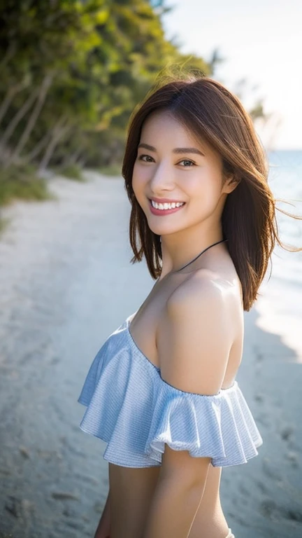 (Top quality, 8K, Masterpiece: 1.3), pull angles, full body, lens used f/2.8, 50mm, camera Sony, beautiful woman, one girl, slender abs: 1.1, short blond hair, (full body, down to feet: 1.2), super detailed face, very detailed lips, detailed eyes, double eyelids, Necklace, watch chosen as accessory, cute summer dress, beautiful beach background, very detailed face and skin, detailed eyes, double eyelids, expression best smile." Translated with DeepL.com (free version)