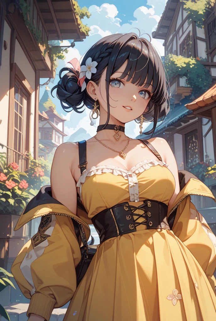 Beautiful beautiful girl, Androideighteen, ((off the shoulders)) updo hair, clevage, full body, split up to pelvis, cerr blossoms, bright sunny day, ecchi anime, frills and ribbons, gold jewelry