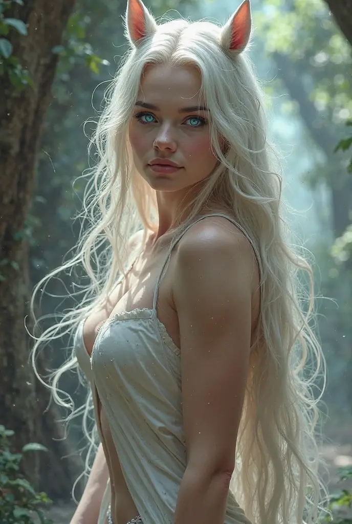 Create an image of a breathtakingly beautiful woman in a dense, untamed forest. She appears to be around 2, with long, flowing white hair cascading in natural waves. Her eyes are a vivid emerald green, reflecting the intensity of a panther’s gaze. Her skin is white and flawlessly smooth, with a fit and sculpted physique that hints at both grace and strength.The woman is depicted in a provocative and wild pose, perhaps emerging from the foliage or lounging confidently against a tree. Her bare skin and natural beauty are accentuated by the forest environment, where dappled sunlight filters through the leaves, creating a sultry, ethereal glow. The scene should convey both a primal allure and an intimate connection with the raw beauty of nature, capturing her sensuality and the untamed spirit of the forest