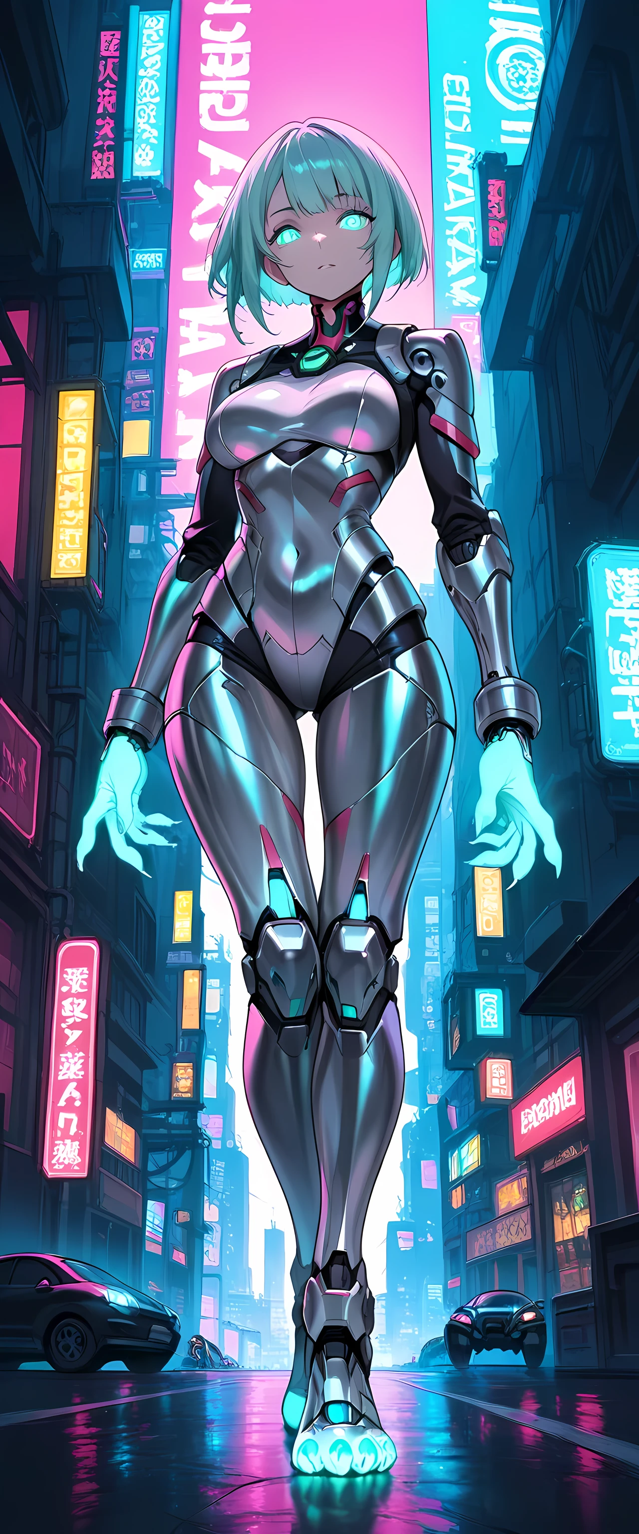 top quality, future world, State-of-the-art robot, Beautiful Woman, flying hair, Transformed into a cyborg except for the face, ???? images, whole body photo, ((Athlete, High jumping))