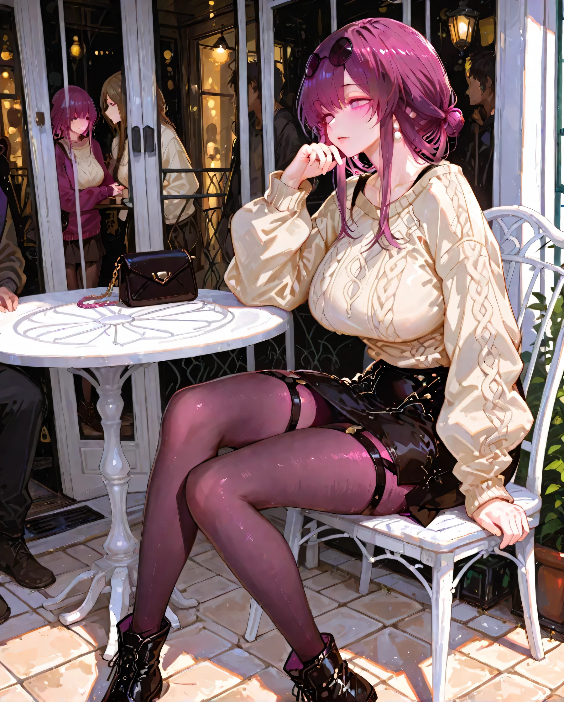 1people, Kafka, Big Breasts, purple hair, She's sitting in a gorgeous white chair at a round white table in a stylish, casual pose. She has her hair tied to a neat bun and is wearing a peach-colored sweater with ruffle details. she pairs this with a black skirt, dark tights, and black ankle boots . She places a small beige purse with chain straps on the front table. The setting is an outdoor patio featuring tiled floors and large windows, It looks like. The vibe is relaxed and chic, soft, HD, high resolution, looking over here, 背景は誰もpeopleのいないカフェ, temptation, Four fingers, 1 thumb , Kafkaは1people