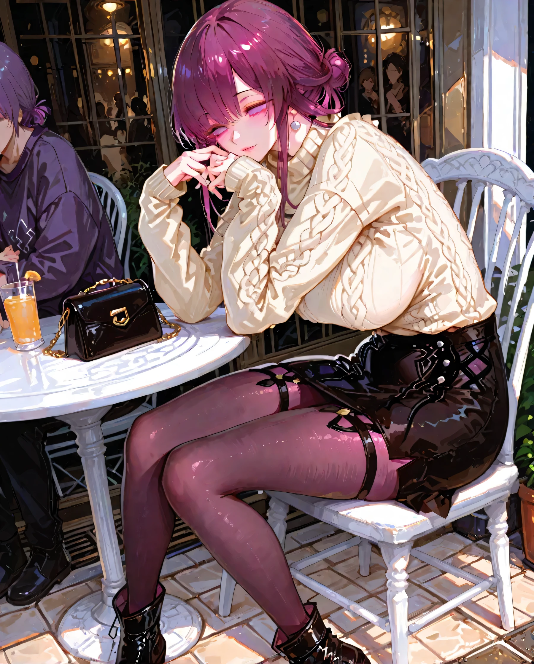 1people, Kafka, Big Breasts, purple hair, She's sitting in a gorgeous white chair at a round white table in a stylish, casual pose. She has her hair tied to a neat bun and is wearing a peach-colored sweater with ruffle details. she pairs this with a black skirt, dark tights, and black ankle boots . She places a small beige purse with chain straps on the front table. The setting is an outdoor patio featuring tiled floors and large windows, It looks like. The vibe is relaxed and chic, soft, HD, high resolution, looking over here, 背景は誰もpeopleのいないカフェ, temptation, Four fingers, 1 thumb , Kafkaは1people