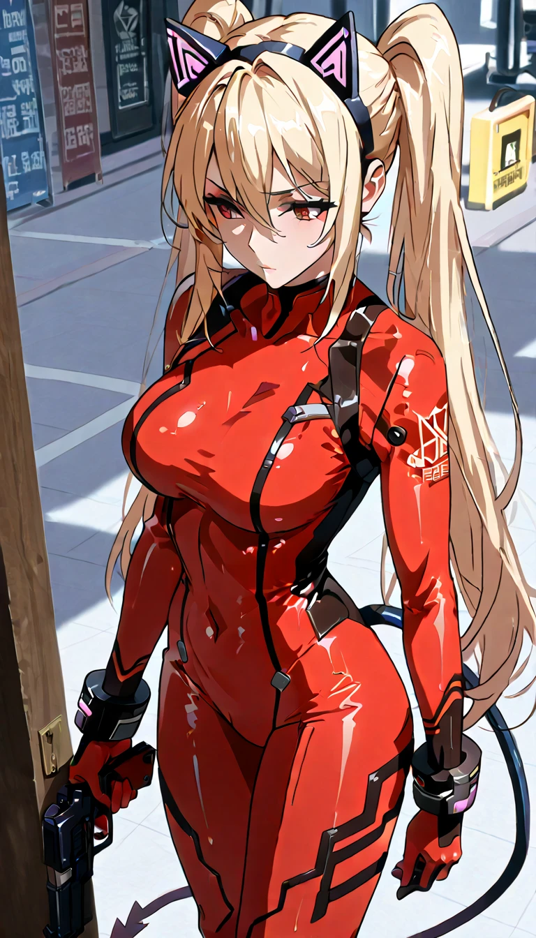 (best quality,4K,8k,High resolution,masterpiece:1.2),Super detailed,(actual,lifelike,lifelike:1.37),human development report,Ultra high quality,Studio lighting,Ultrafine coating,sharp focus,Physically based rendering,extremely detailed description,professional,Fear,anime big breasts,Science fiction,photography,concept artist, Blonde wavy long hair, Green eyes, araffe in a 紅色連衣褲 outfit posing on a motorcycle in the city, dressed in red bodysuit, dressed in red bodysuit, wearing a full red bodysuit, Red latex body suit, motorcycle, in a latex corset, Oppei Cyberpunk, Sexy outfit, very Sexy outfit, Tick, earrings, large breasts, biggest breast, huge breast, Thin waist and thick hips, wide pelvis, Pelvis larger than shoulder blades, Hourglass figure, Fitness Model, rosy cheeks