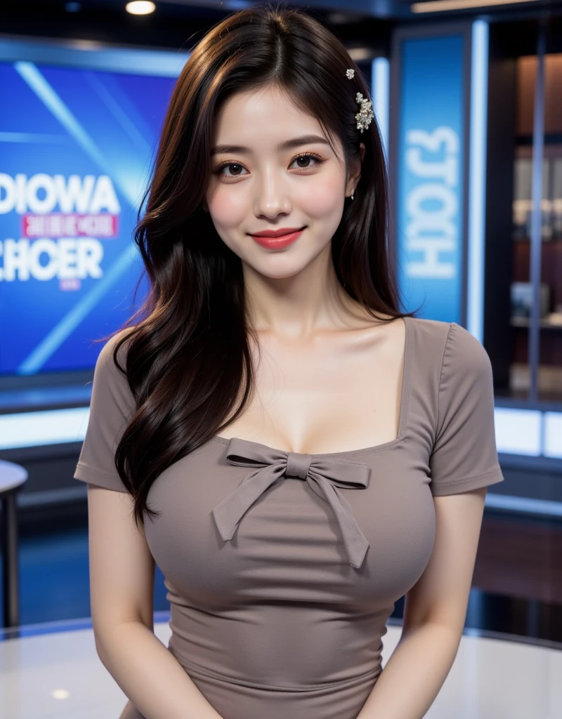 36 Years old, Female News Anchor, Indonesian Beautiful  Woman, Wearing Casual Shirt, wearing Mini Skirt, Realistic Ultra Gigantic Breast, Breast About to Burst out, PP cup Breast, Seducting Look. Full body, seductive body language, At News Studio.