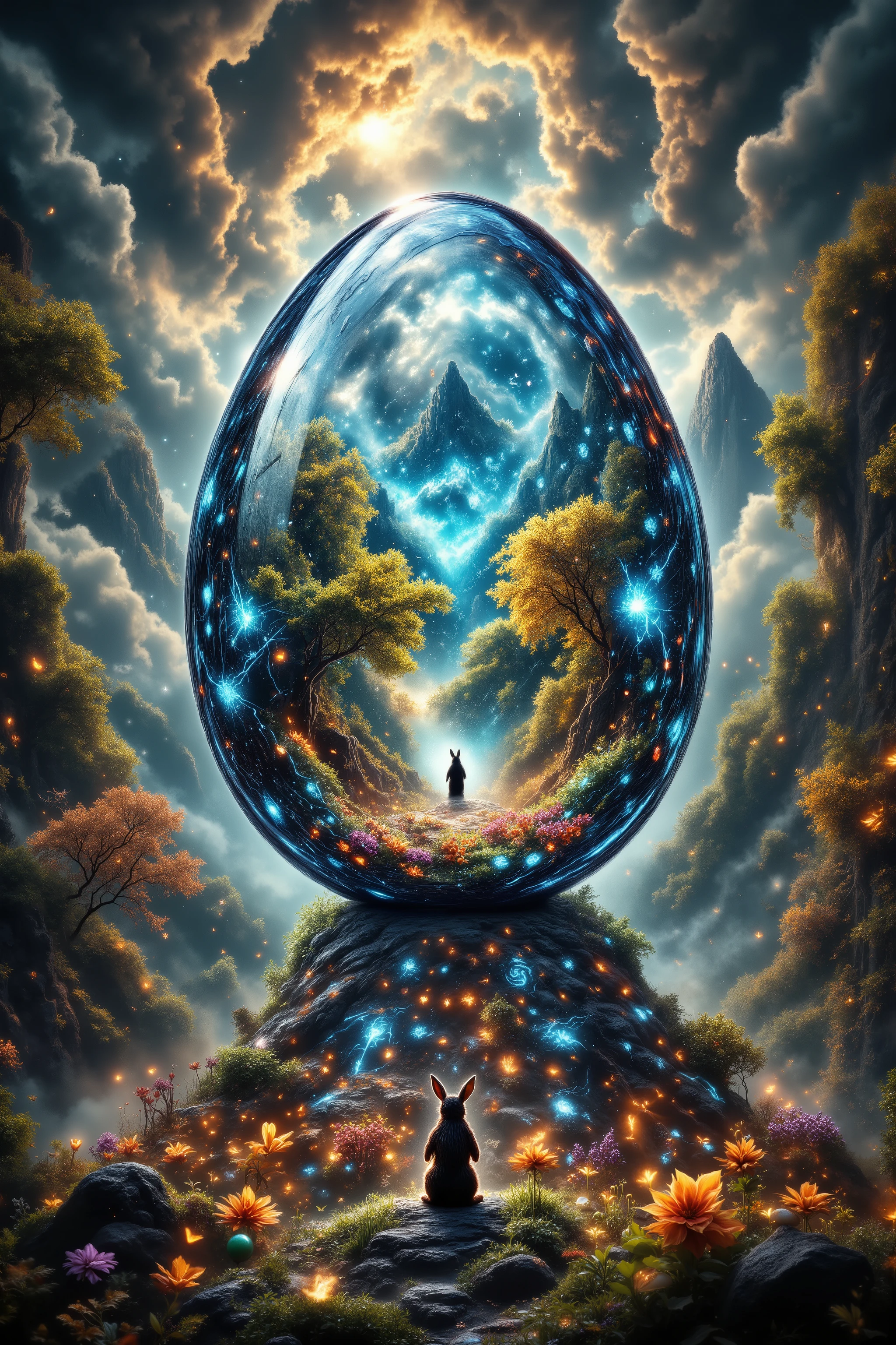 Full hd picture of a huge glass easter egg on a pedestal, Masterpiece, the easter egg reflects a story of the origins of the easter bunny in a lush ancient forest, easter eggs everywhere, magical lit sky with wavy colors, ray of light shines on the egg, easter bunny is standing before a portal to go to the magical land of fairytales